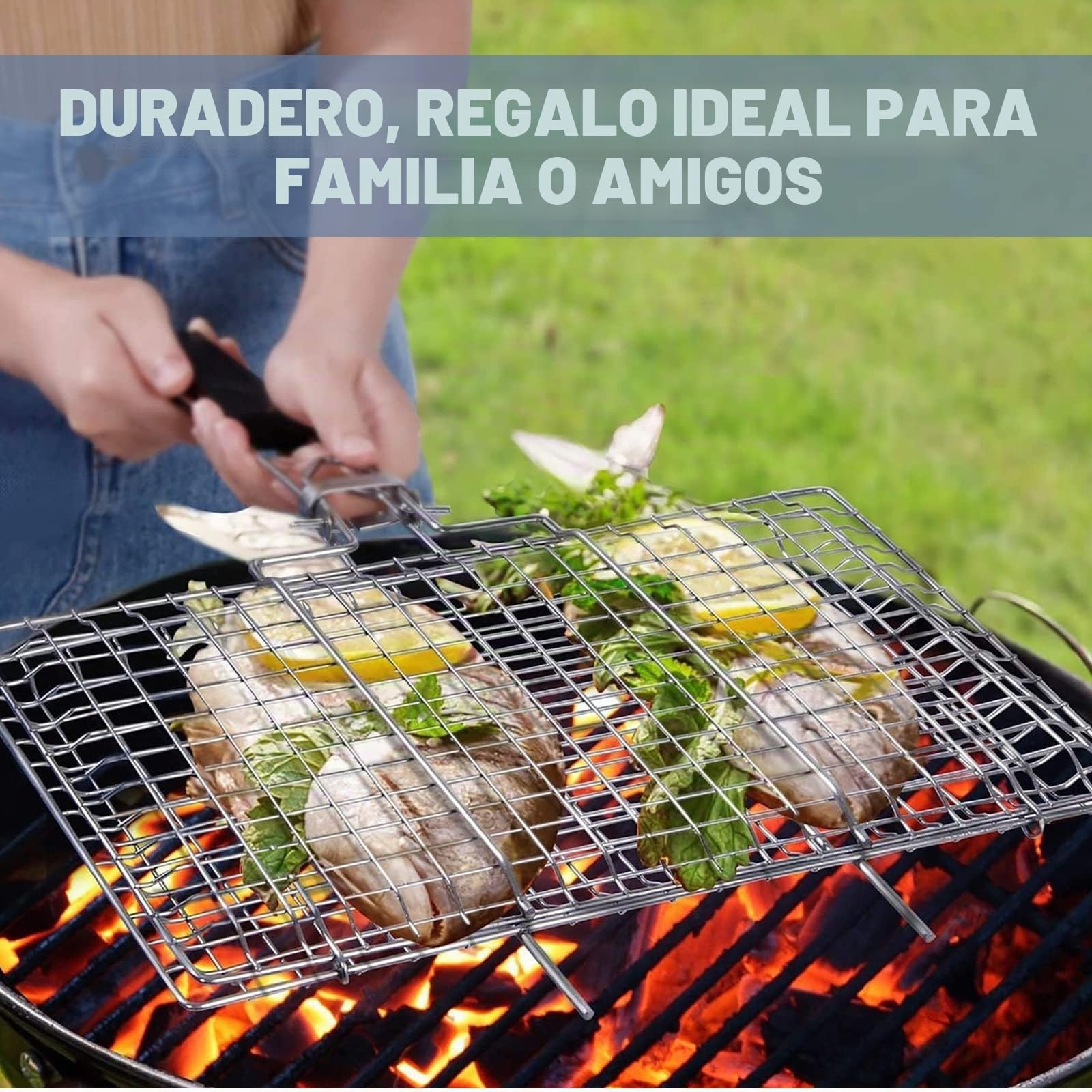 Cesta para asar pescado, parrilla y rejilla de acero inoxidable Nizirioo, portátil y plegable, soporte para pescado con mango extraíble y cepillo para hornear, 4 pinchos
