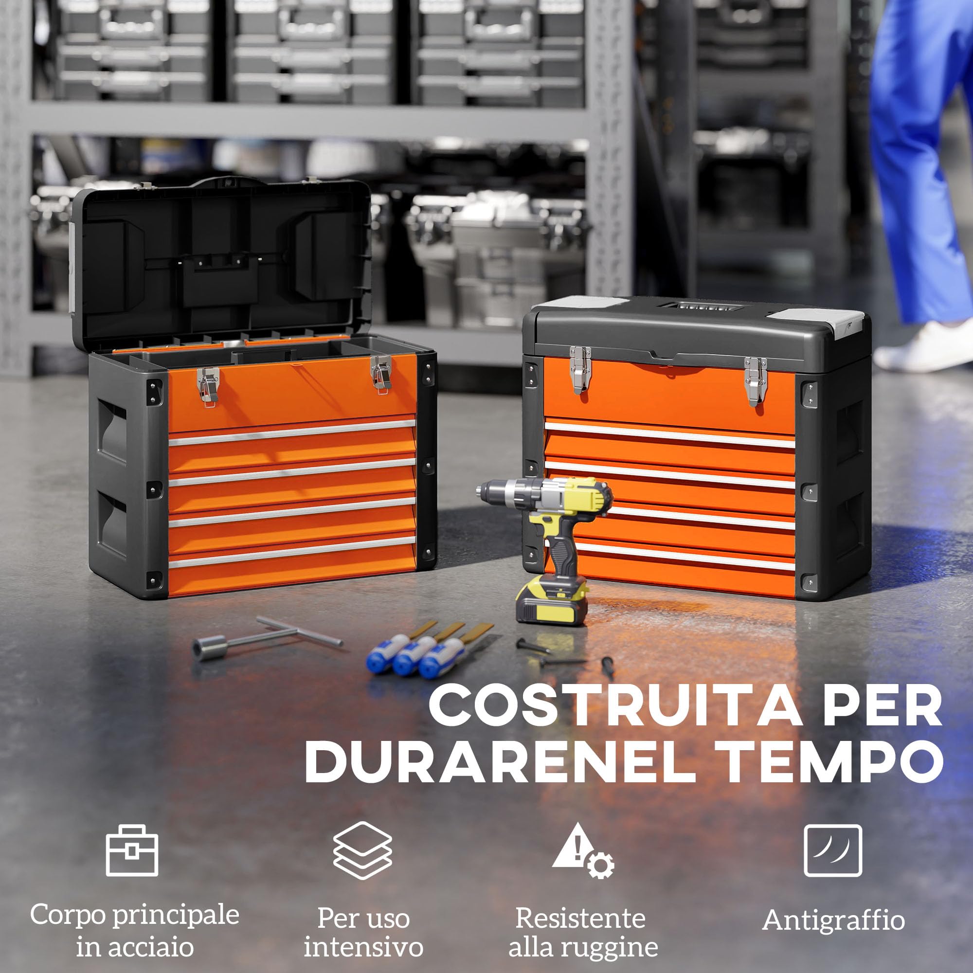 HOMCOM Cassetta Porta Attrezzi con 4 Cassetti Arancione e Nero | Scomparto Superiore, Cassettiera per Utensili e Minuterie, in Acciaio e Plastica