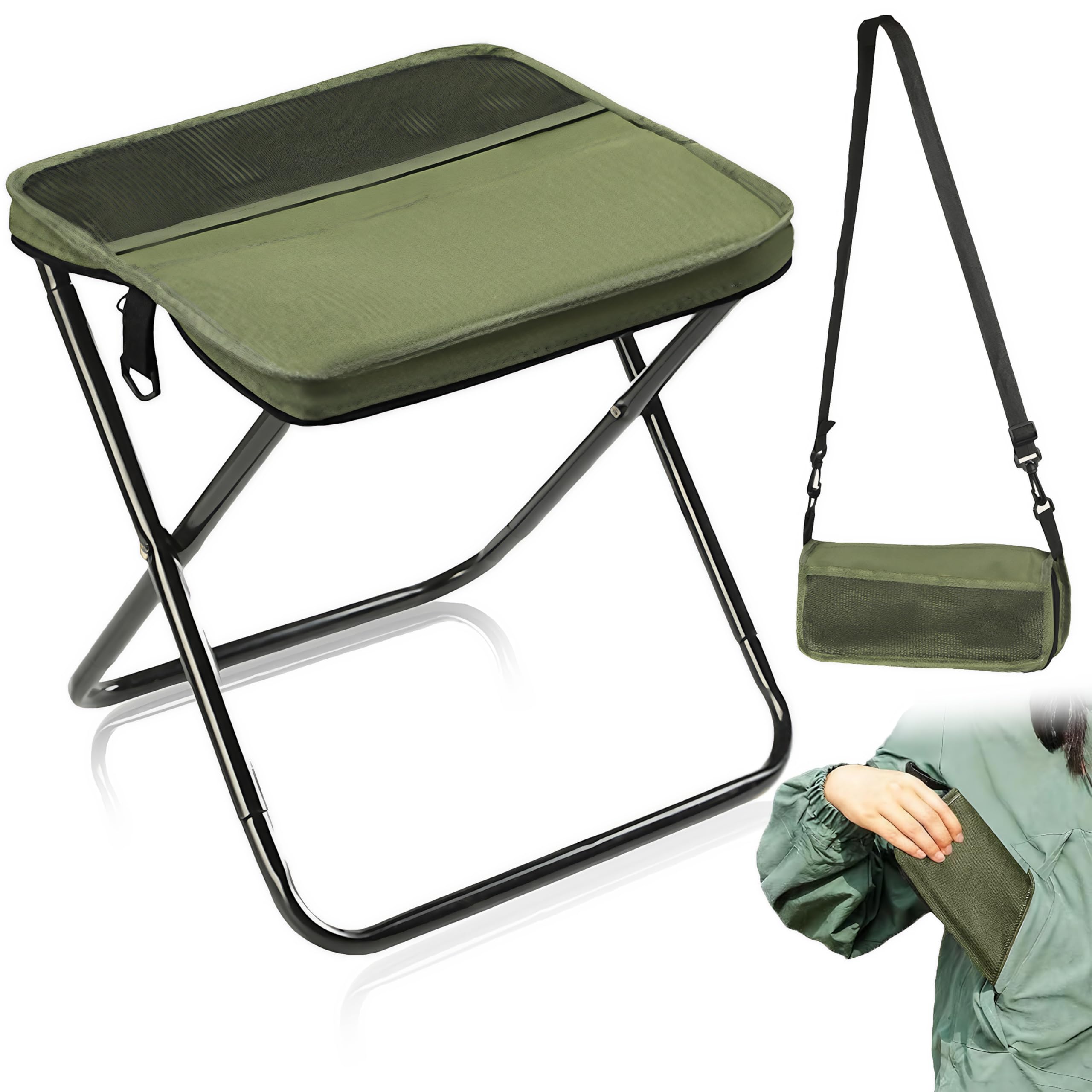Exquilnova Foldable Backpack Stool for Camping,Portable Folding Stool with Shoulder Strap,Camping Stools Folding Lightweight for Fishing,Queuing,Mountaineering,Hiking,Gardening,Traveling(Green)