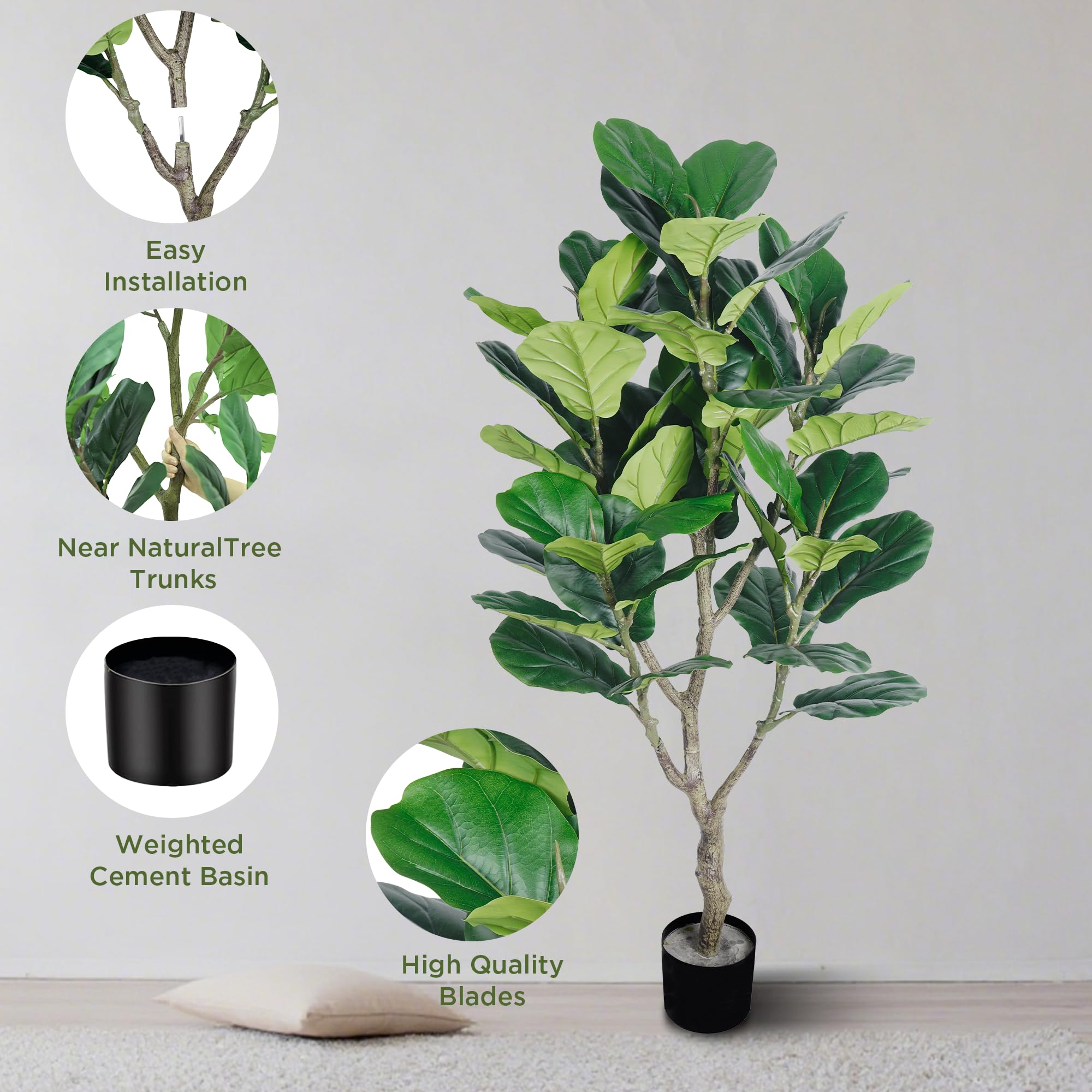 Arbre Ficus artificiel, Faux Ficus d’intérieur 137 cm Plante à feuilles artificielles pour décoration de salon, bureau, chambre à coucher