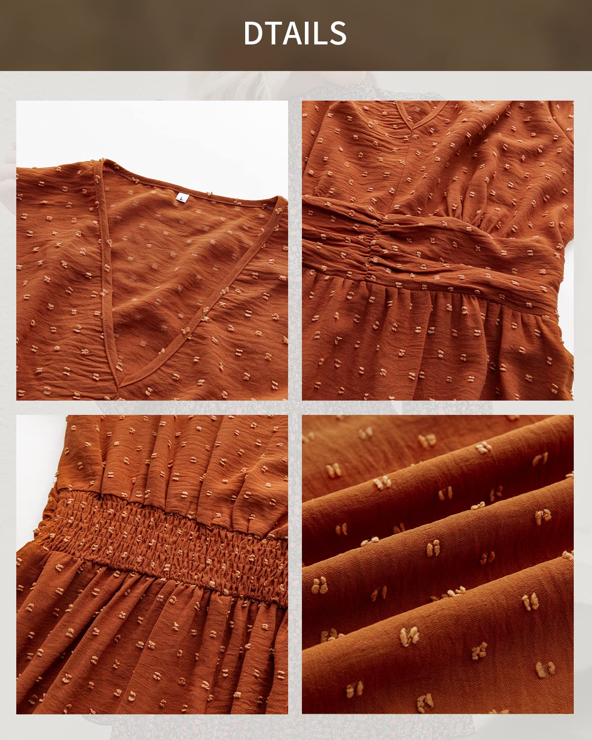 BebreezChic Letnia sukienka damska, długa, w stylu boho, elegancka sukienka z krótkim rękawem, dekolt w serek, wysoka talia, szwajcarska kropka, marszczona sukienka plażowa