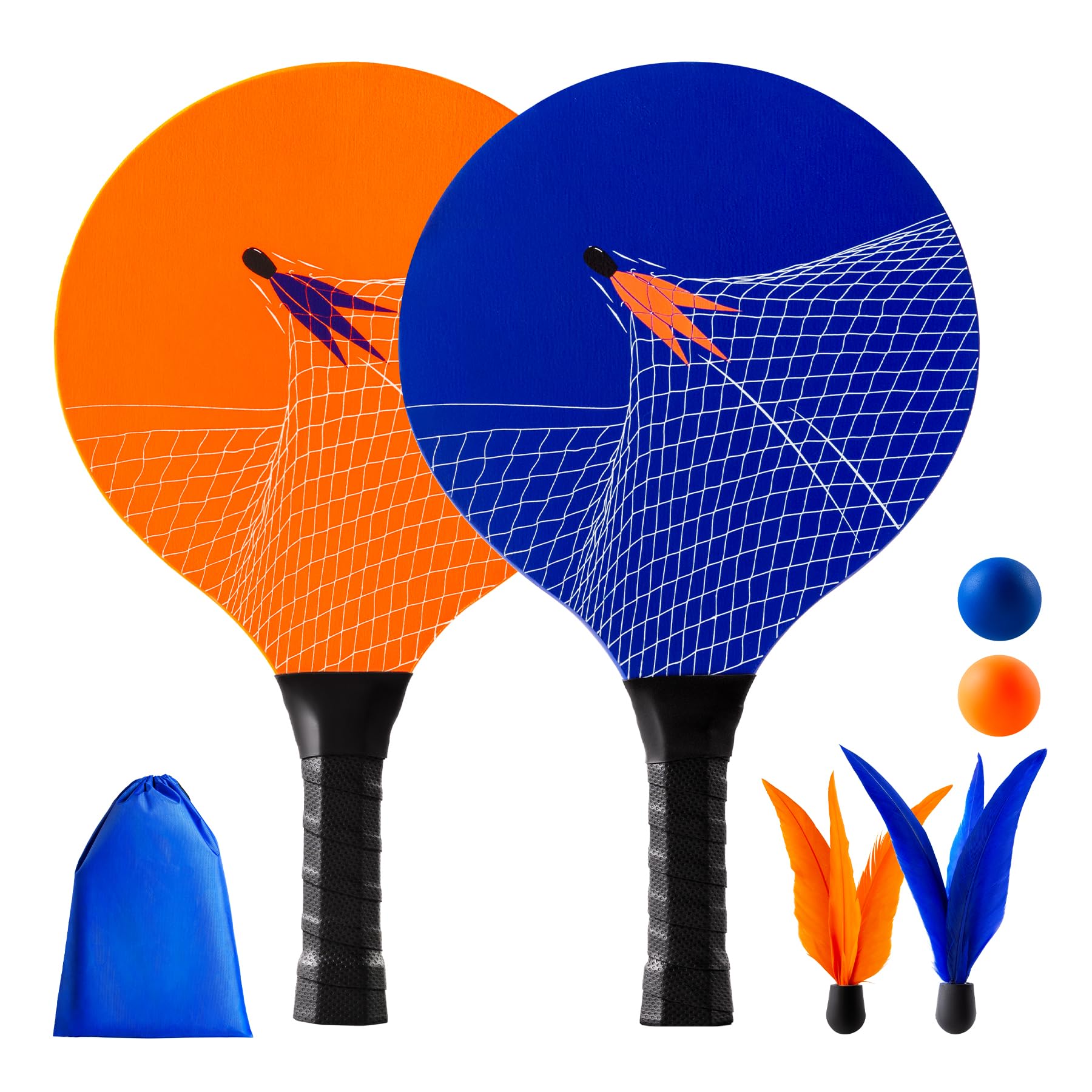U&C Planet Beachball Set Paddle Ball Game Wooden Beach Bat Set Racket Game for Children&Family 2 Paddles 2 Balls and 2 Birdies Toys for Garden Beach Party