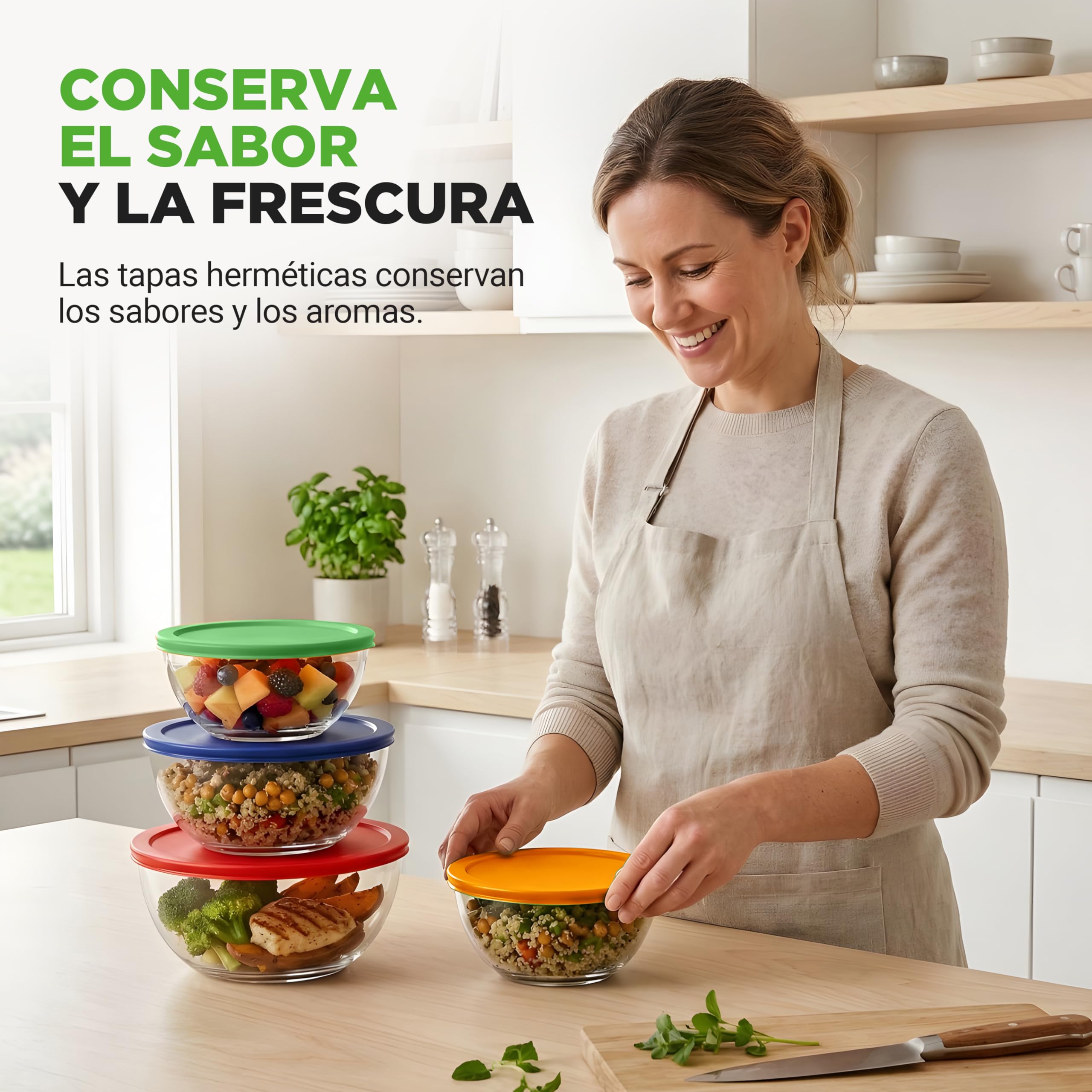 NutriChef set de 4 boles, Ensaladeras de cristal con tapa hermética, Apilables, Aptos para microondas, Horno, Lavavajillas y congelador, 4 tamaños