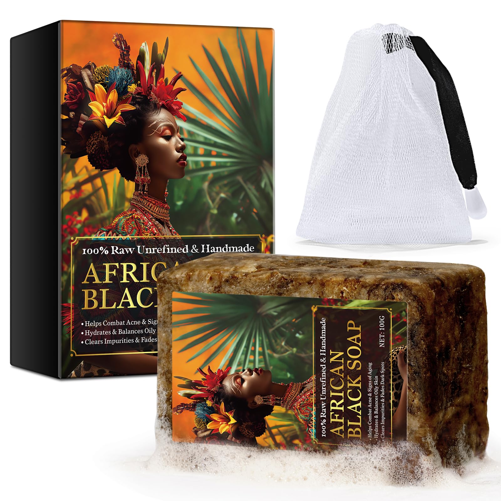 Authentic African Black Soap Bar, Raw African Black Soap for Oily Skin, Dark Spots - Black African Soap Pure & Natural Ingredients - Organic African Black Soap Face and Body Wash Soap 100g