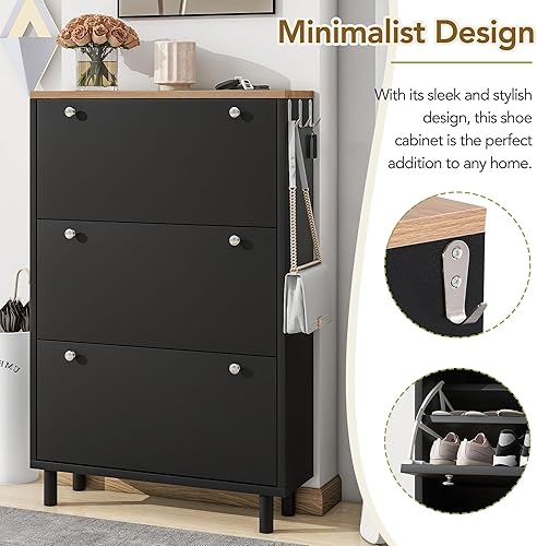 Miniatura 7 de Armario estrecho de almacenamiento de zapatos para entrada, delgado, con 3 cajones abatibles y 3 ganchos, panel ajustable y extraíble, parte