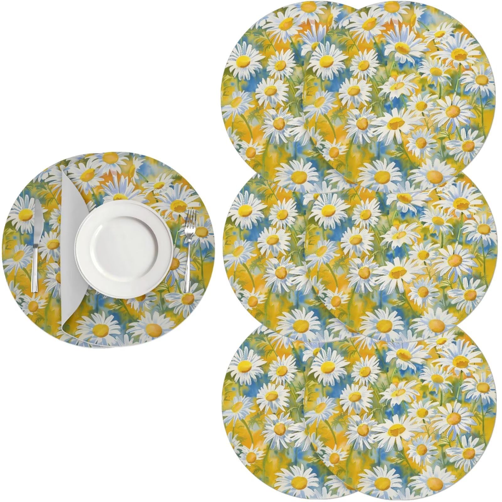 Generic Oil Painting Daisy Place Mats for Dining Tables Wipeable Placemats Set of 6 Faux Leather Fall Place Mats for Kitchen Table Party Decoration 15 Inches โ image 1