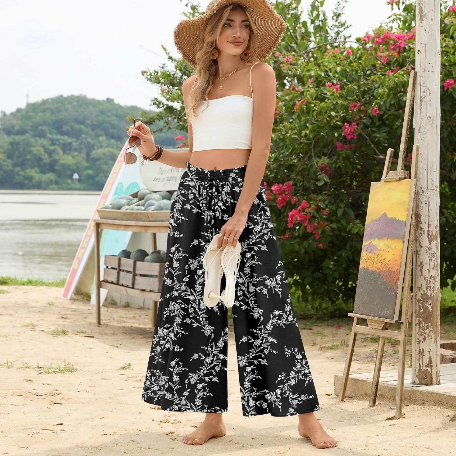 Bestbee Women's Wide Leg Palazzo Pants Dressy Casual Gaucho Pants Elastic Waist with Pockets - Image 4