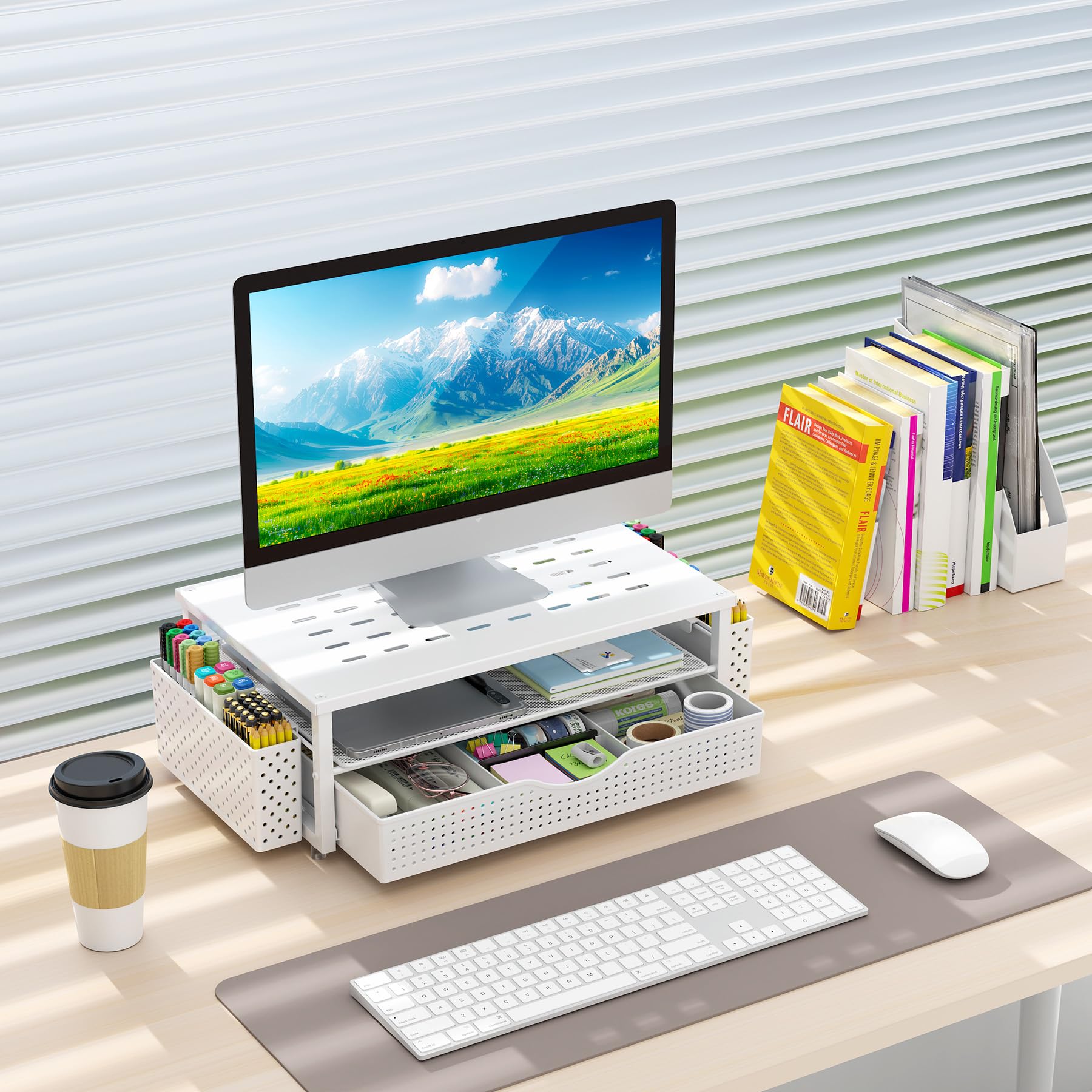 Gianotter Supporto per Monitor 2 Livelli con Cassetto e Portapenne, Organizer da Scrivania Bianco