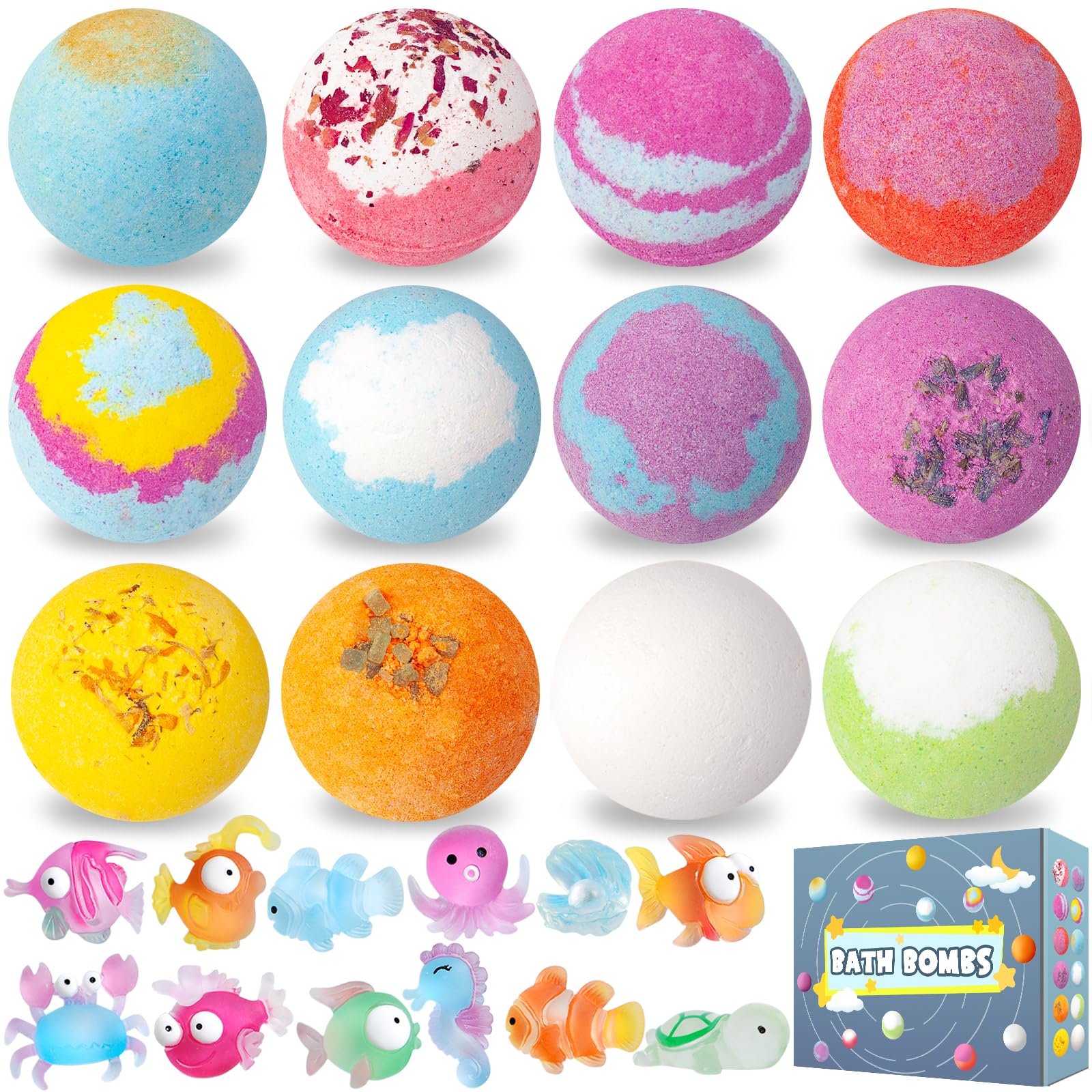 Bombe da bagno per bambini, 12 unità, bombe da bagno con giocattolo a sorpresa all'interno, bombe da bagno in schiuma naturale e organica, regali di Pasqua per bambini e bambine