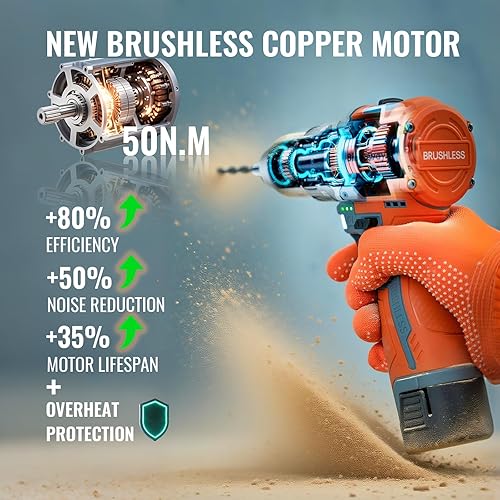 Miniatura 3 de Taladro inalámbrico sin escobillas 50N.m, taladro eléctrico de 4 funciones con 36 accesorios, portabrocas de metal sin llave, 35 ajustes de par, 2