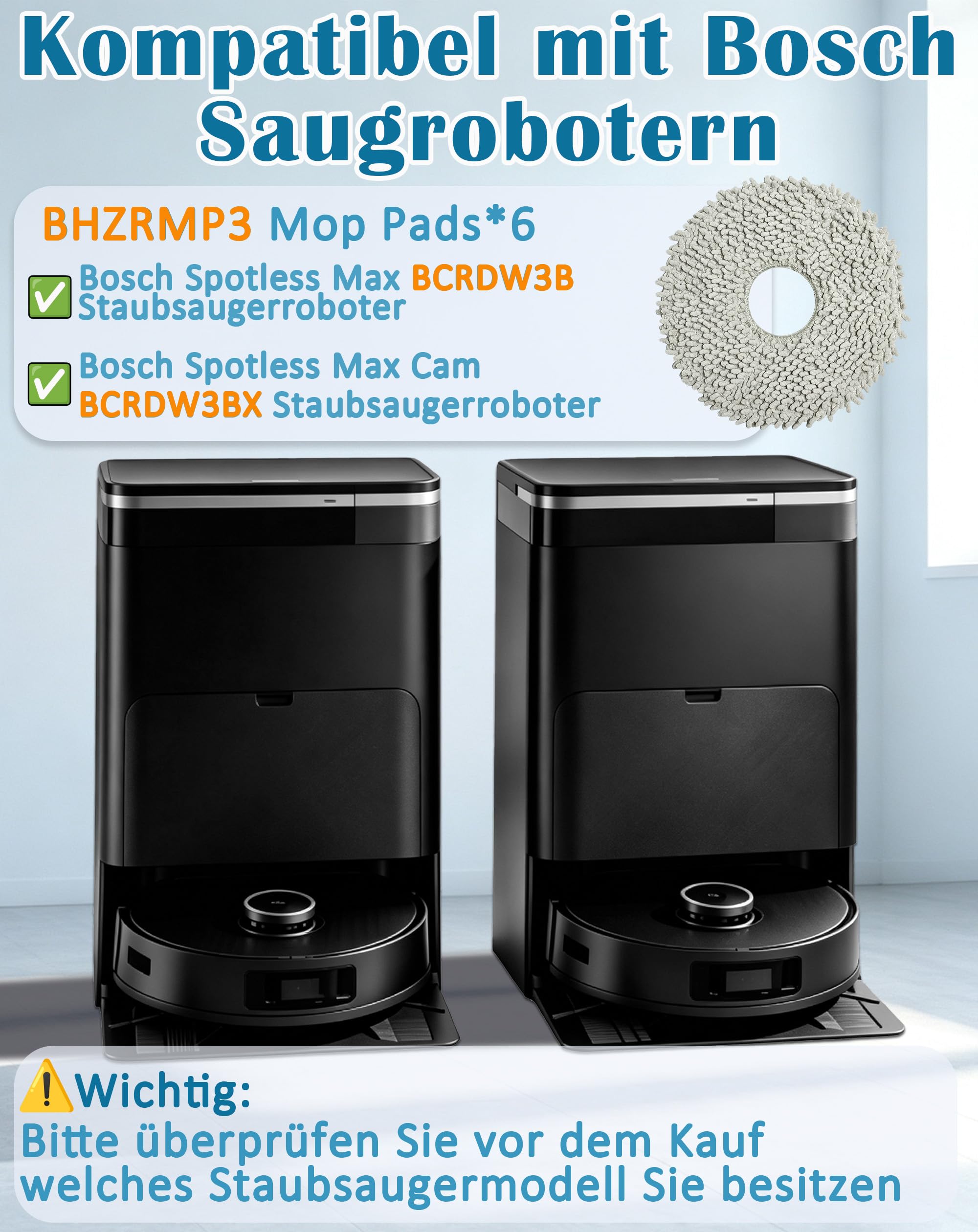 BHZRMP3 - Juego de 6 almohadillas de repuesto con función rotativa compatibles con aspiradoras Bosch BCRDW3B y BCRDW3BX Spotless Max/Cam, limpieza en húmedo eficiente para todo tipo de suelos duros