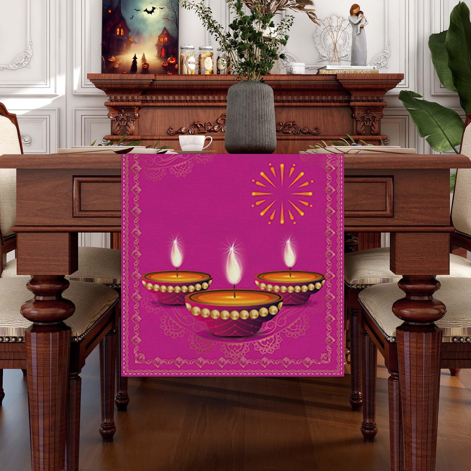 Diwali Tischläufer und Tischdecke aus Leinen, indisches Diwali-Dekor für Zuhause, 33 x 183 cm Diwali Tischläufer und Tischdecke aus Leinen, indisches Diwali-Dekor für Zuhause, 33 x 183 cm