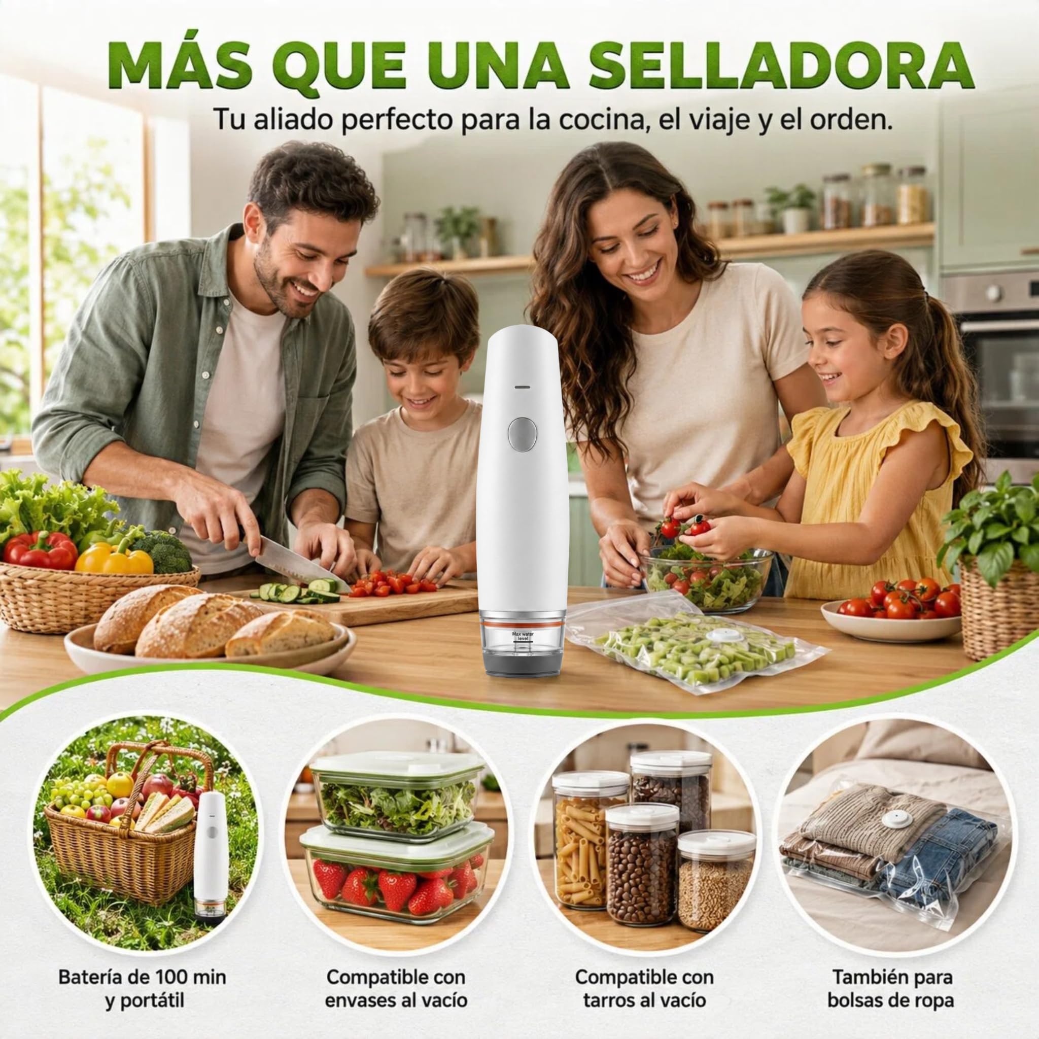 Envasadora al Vacío de Mano Inalámbrica USB-C con Depósito Visible