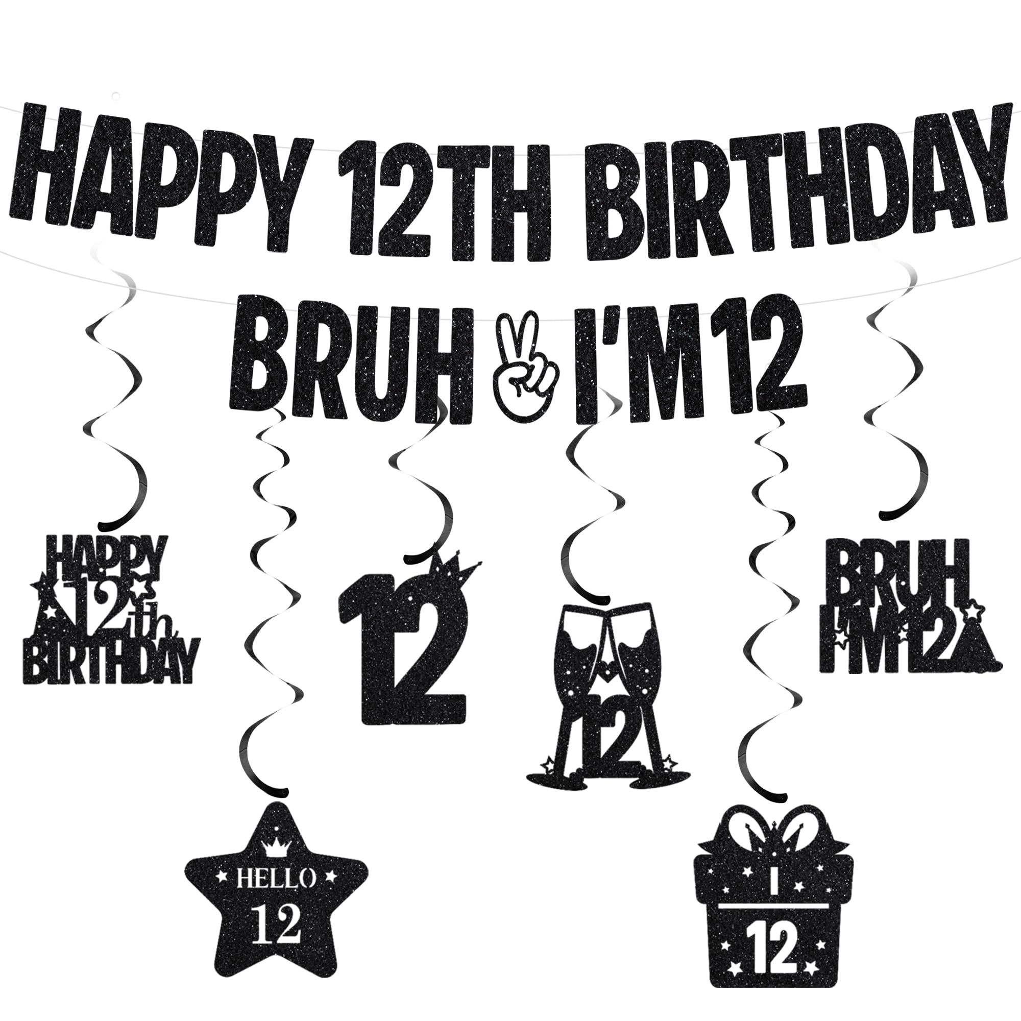 Happy 12th Birthday Banner Decorations - Glitter Bruh I’m 12 Banners with Hanging Swirls, Black Funny Birthday Party Supplies for Boys and Girls