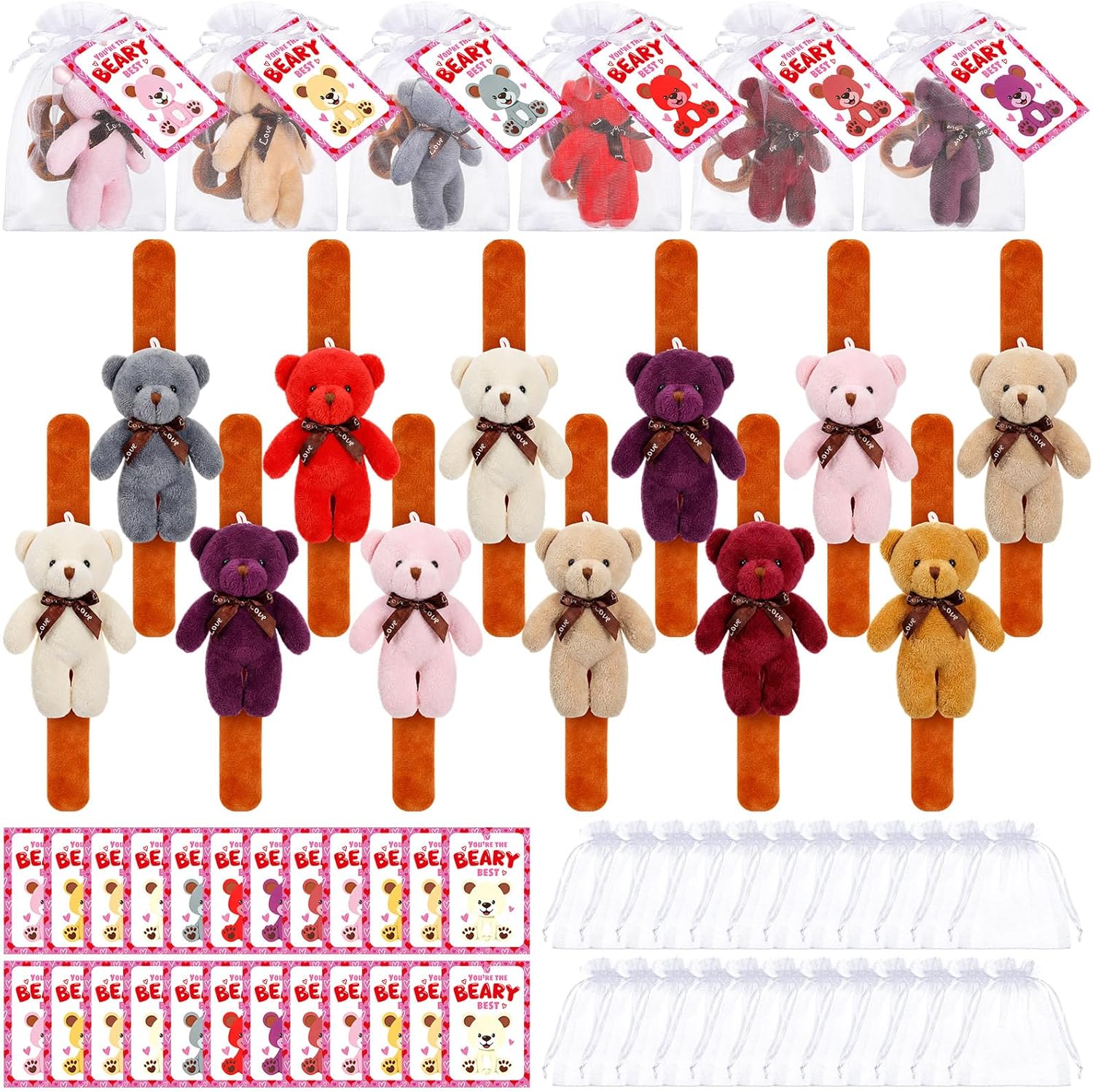 Soulchen 72 Pcs 24 Set Valentine's Day Bear Stuffed Animal Slap Bracelets Plush Slap Bracelets Bulk with Greeting Card and Mesh Bag Party Supplies for Valentine's Day Birthday Gift Goodie Bag Fillers