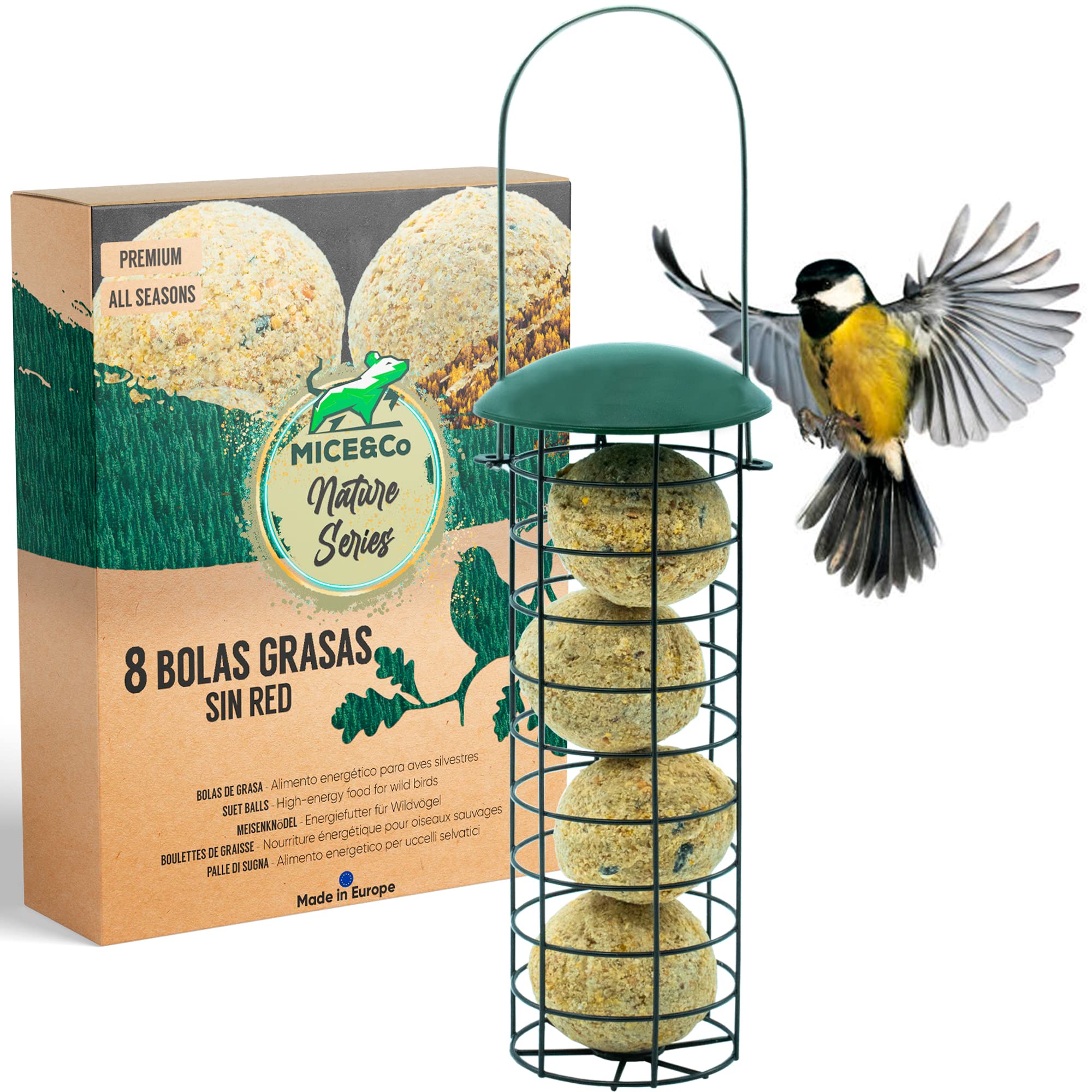 Mice&Co Comedero Pájaros Bolas de Grasa Exterior - Comedero Jardín Aves Silvestres Bolas Sebo | Pack 1 Comedero y 12 Bolas