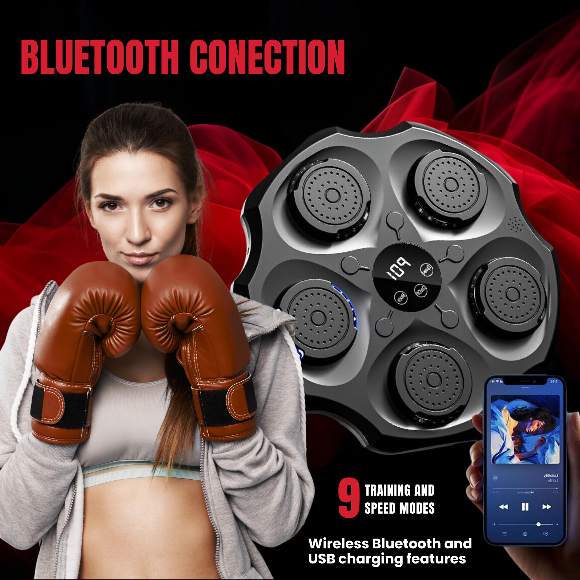 Macchina da Boxe Musicale. Attrezzatura da Allenamento da Parete con LED, Guantoni da Boxe, Bluetooth e Luci a Ritmo di Musica per Bambini/Adulti. (9 modalità, 43x43 cm)