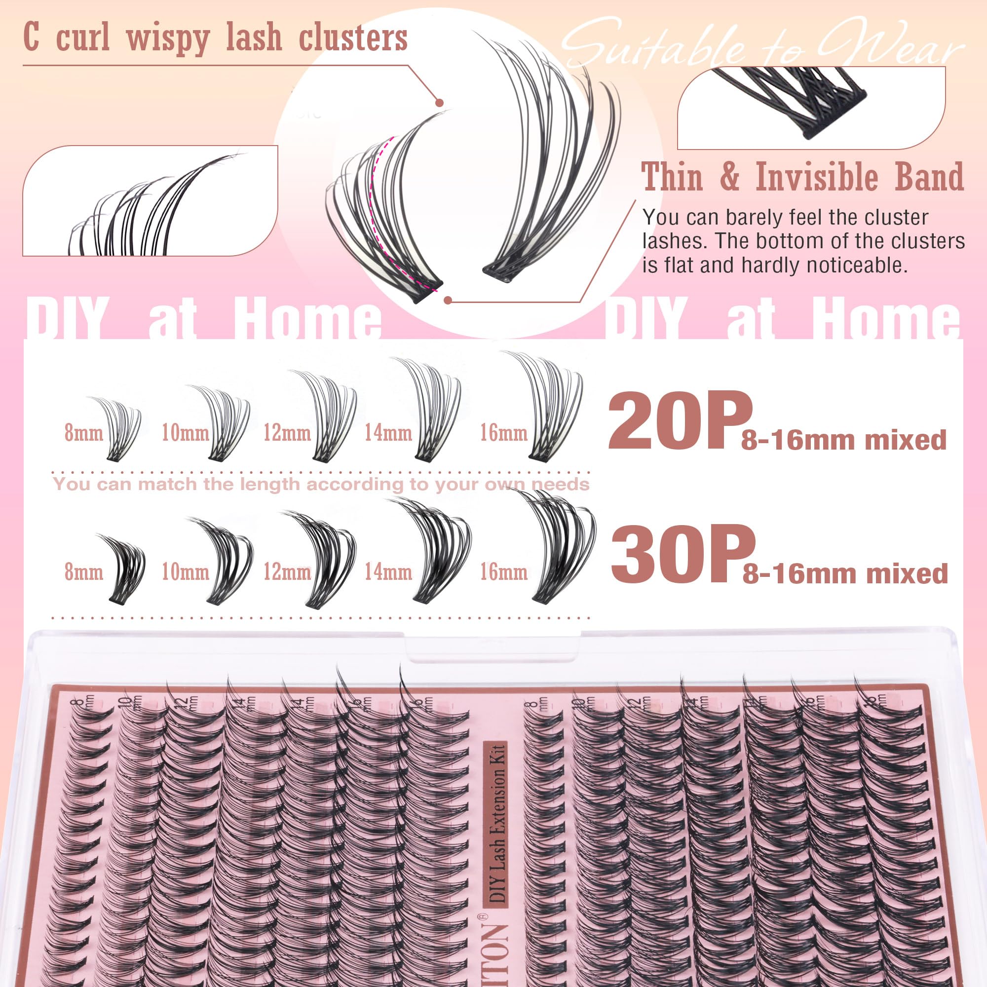 FANXITON DIY Individual Eyelash Extension Kit, Thick Volume Lash Clusters 40D+50D D Curvature, 280 Pieces Thin Band Cluster Lashes with Bond and Seal Tweezers: (NG04)DIY Lash Extension Kit-D