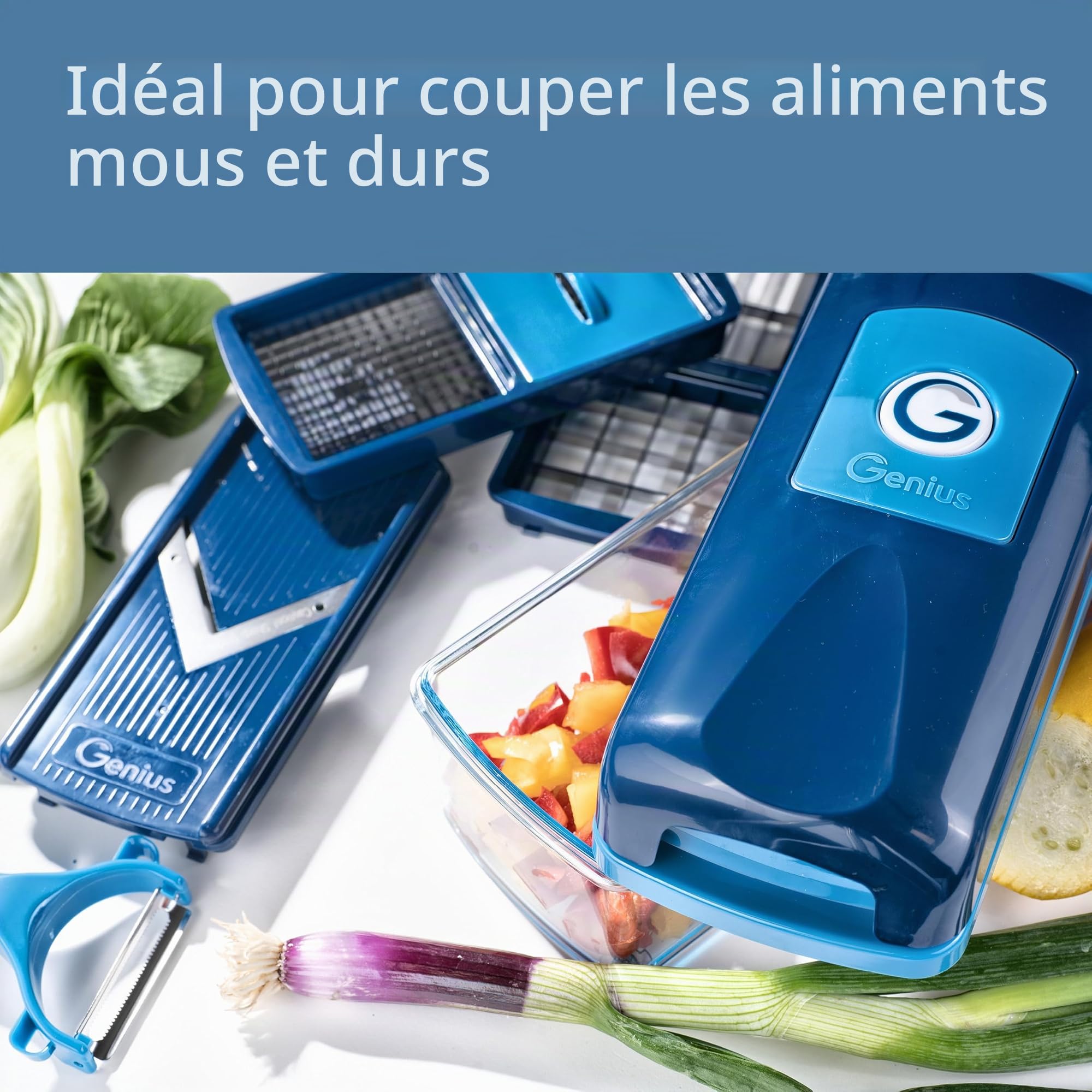 Genius Mandoline Nicer Dicer Smart 14en1 Multifunction Professionelle bleu - Coupe-légumes avec Grilles de découpe + Poussoir, Rabot, Eplucheur | dés, bâtonnets, tranches, bandes