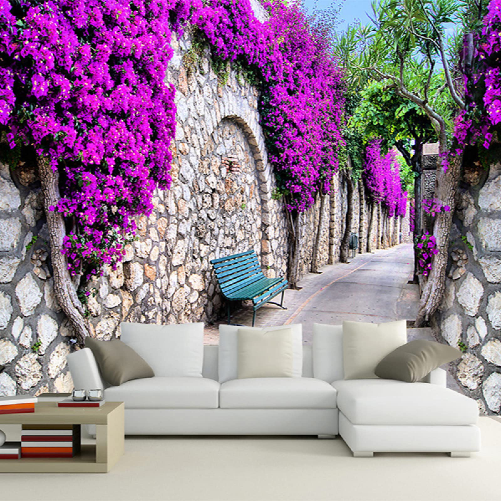 Mural 3d sala de estar papel tapiz flor púrpura ladrillo pared camino dormitorio pegatina pintor montado cartel de arte de pared