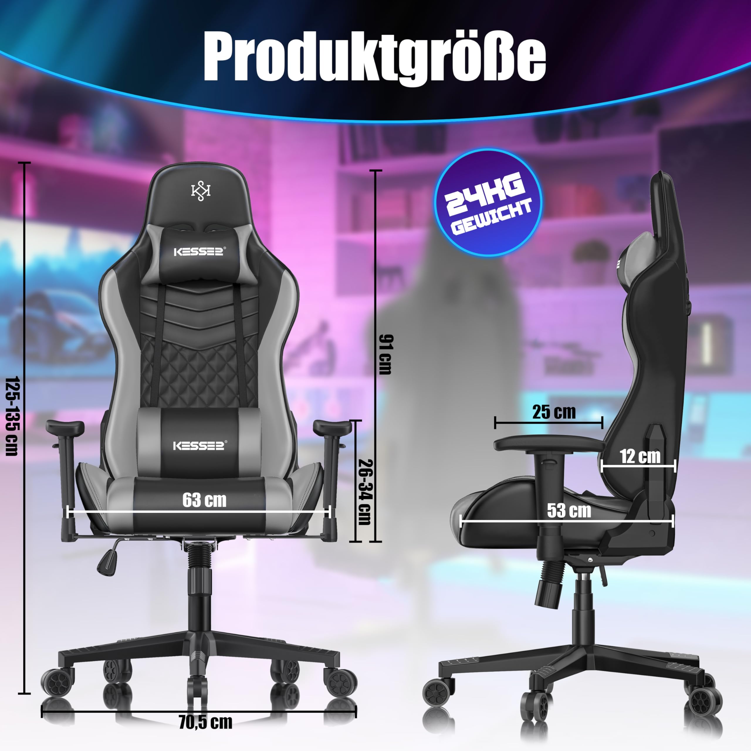 KESSER Silla de gaming ergonómica con reposacabezas y cojín lumbar, soporta hasta 150 kg, reposabrazos 360°, giratoria, con ruedas de goma