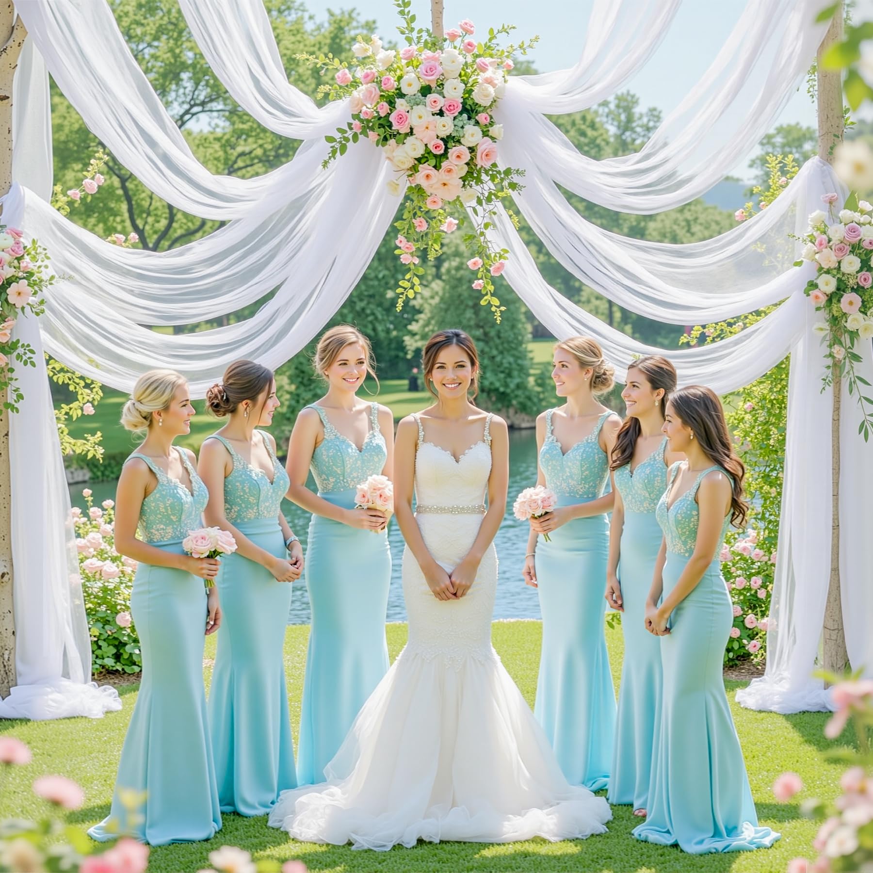Weiße Hochzeitsdecken-Vorhänge, 8 Paneele, 1,5 x 6,1 m, transparenter Stoff mit Aufhängetasche, weiße Decken-Drapierung, geeignet für Hochzeitsbogen, Geburtstag, Babyparty, Empfang, Bühnendekorationen