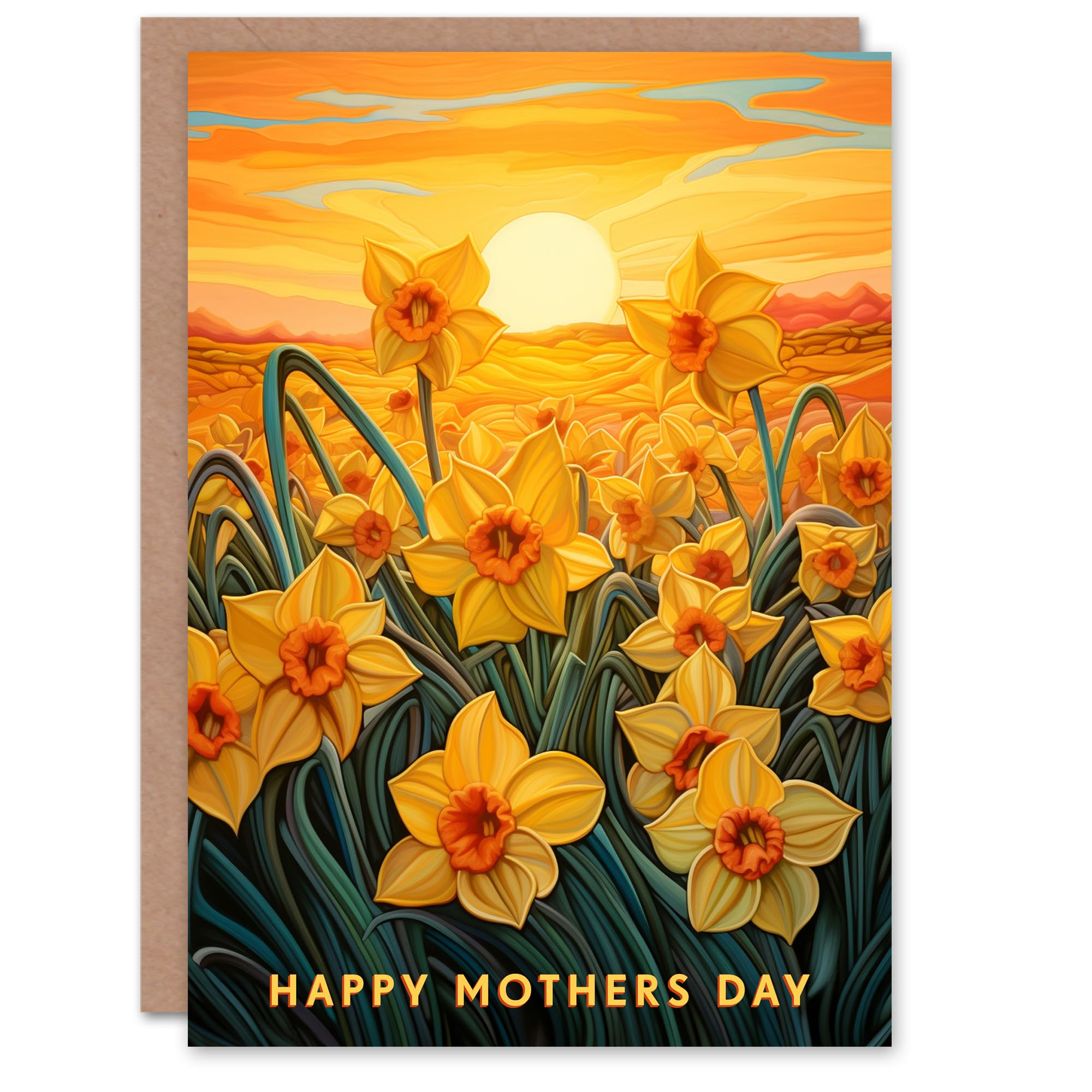 Artery8 Mother's Day Greeting Card Daffodil Flower Field Sunset For Mum