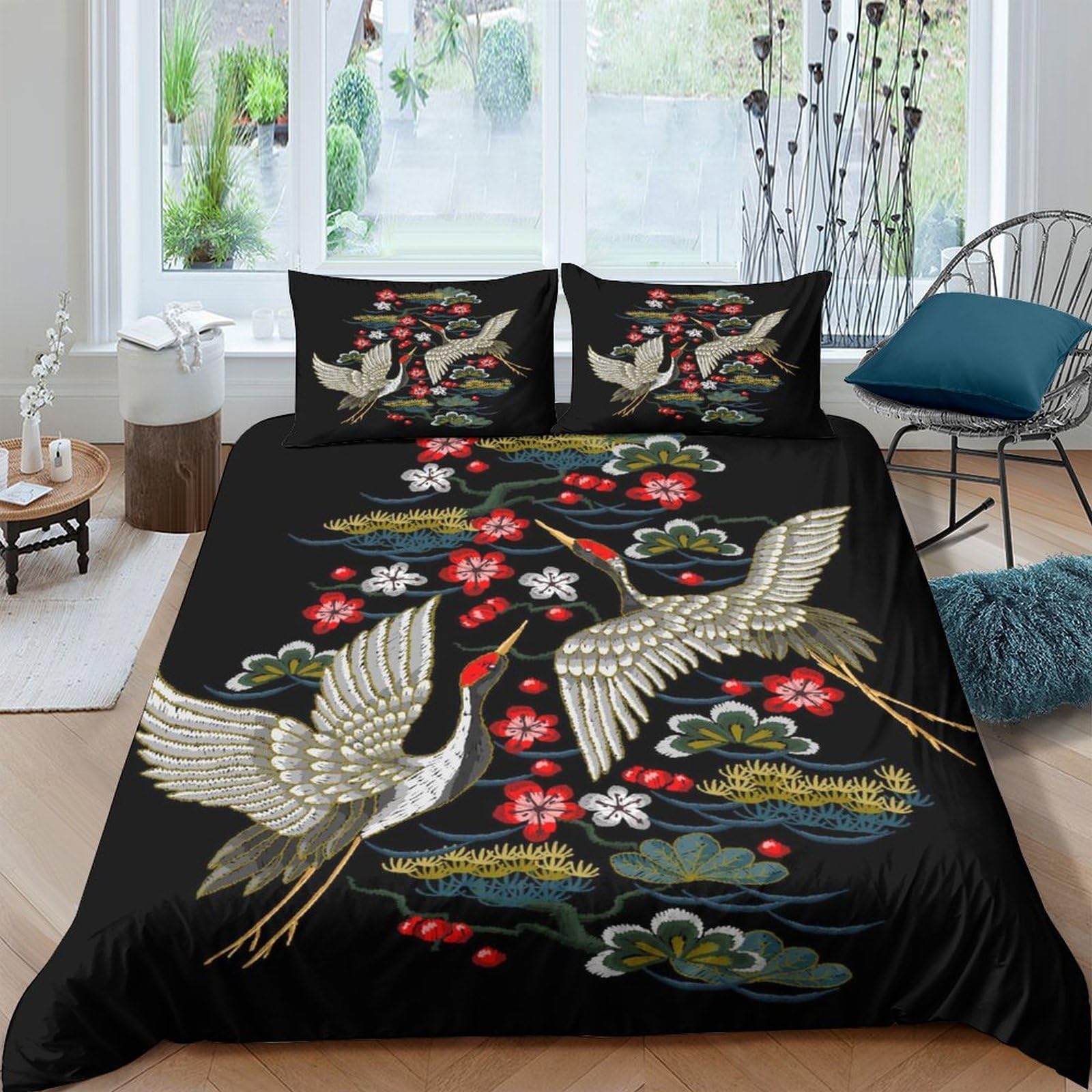 Ctjqhvkz Style-4 3D Printed Japanese Crane Fitted Sheet Microfiber Black Red Sakura Bed Cover For Bedroom Guest Room Decor Single（135X200cm）