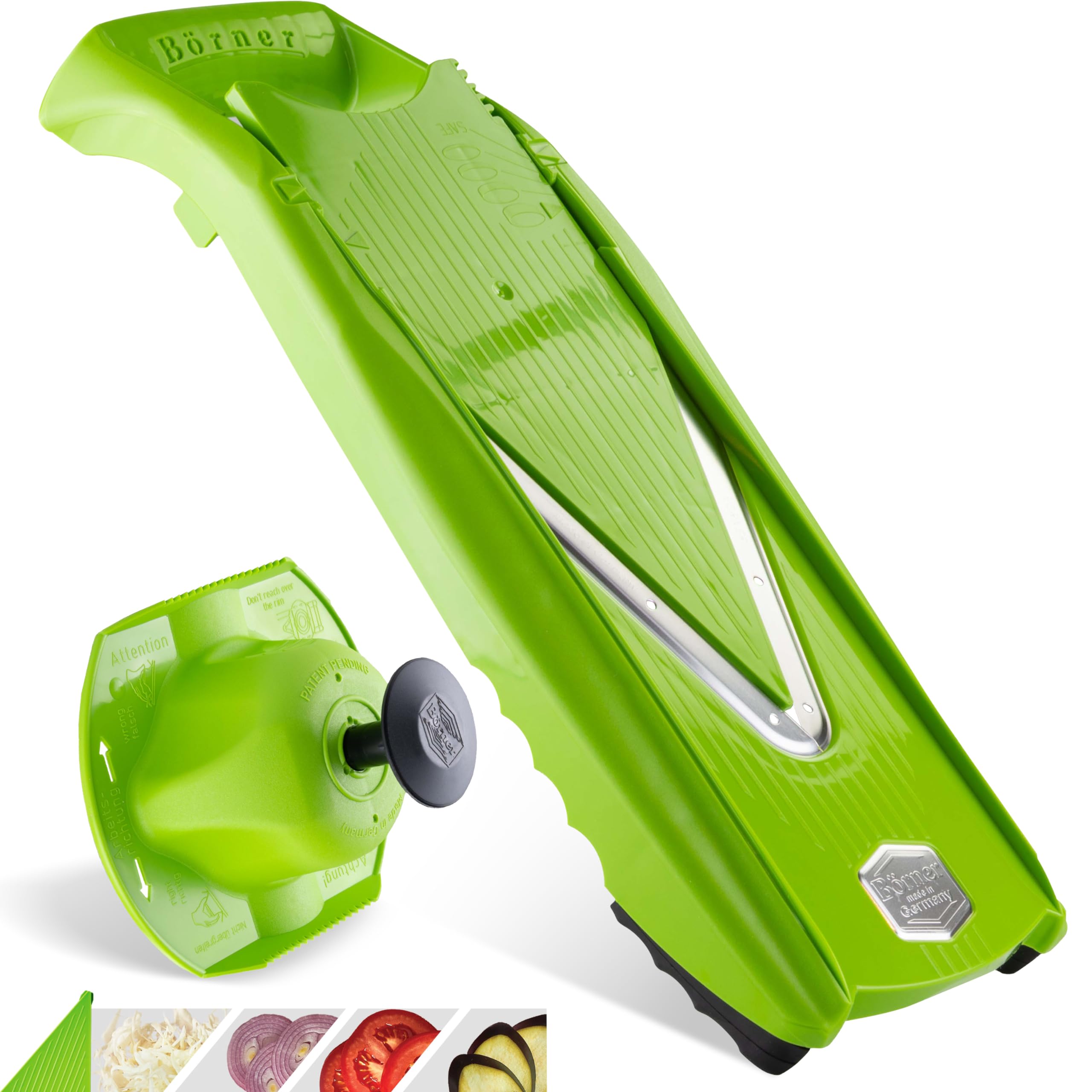 Börner V5 PowerLine Gemüsehobel - Basis Set - 4 Schnittstärken - Grün | Mit Scheibeneinschub + Sicherheitsfruchthalter - Scharfe Edelstahlmesser - Rutschfeste Gummifüße - BPA-frei