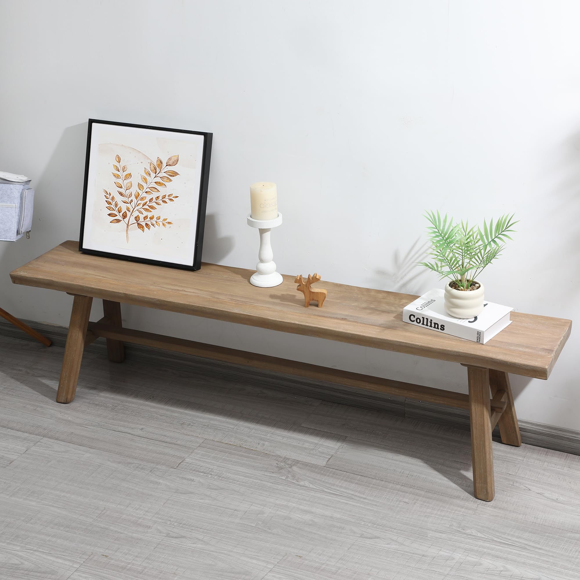Wnutrees 63" Farmhouse Solid Wood Bench, Rustic Dining Entryway Bench | Indoor Hallway Seat for End of Bed, Living Room, Easy Assembly, Natural