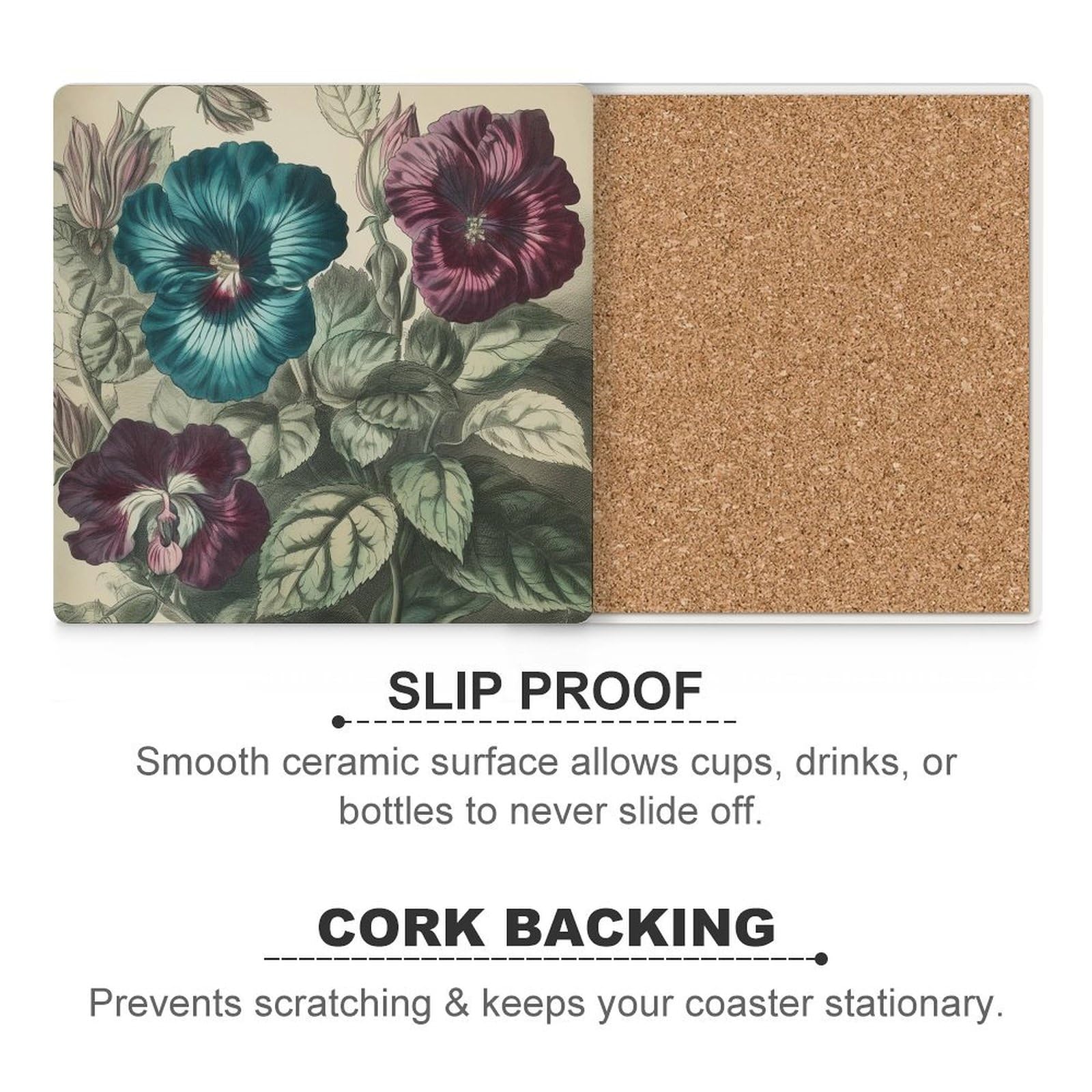 Posavasos para decoración de mesa, juego de 6 posavasos para mesa de café, reutilizables, con tres flores, impresión de pintura para mesa de comedor y sala de estar