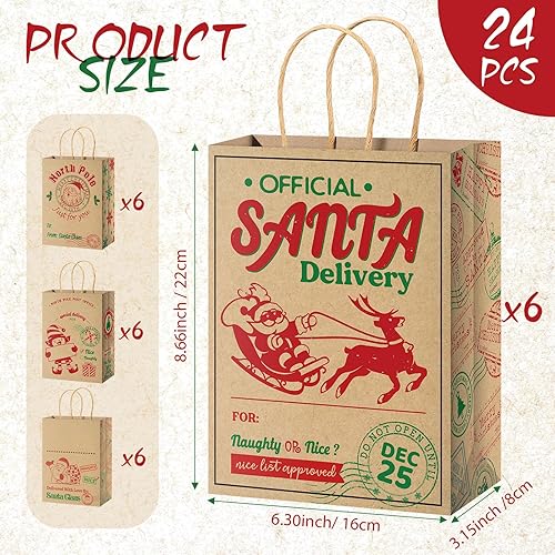 Miniatura 2 de Zonon 24 bolsas de regalo de papel kraft rojo y verde de Navidad, papel de regalo de dibujos animados, entrega especial de Navidad con asas,