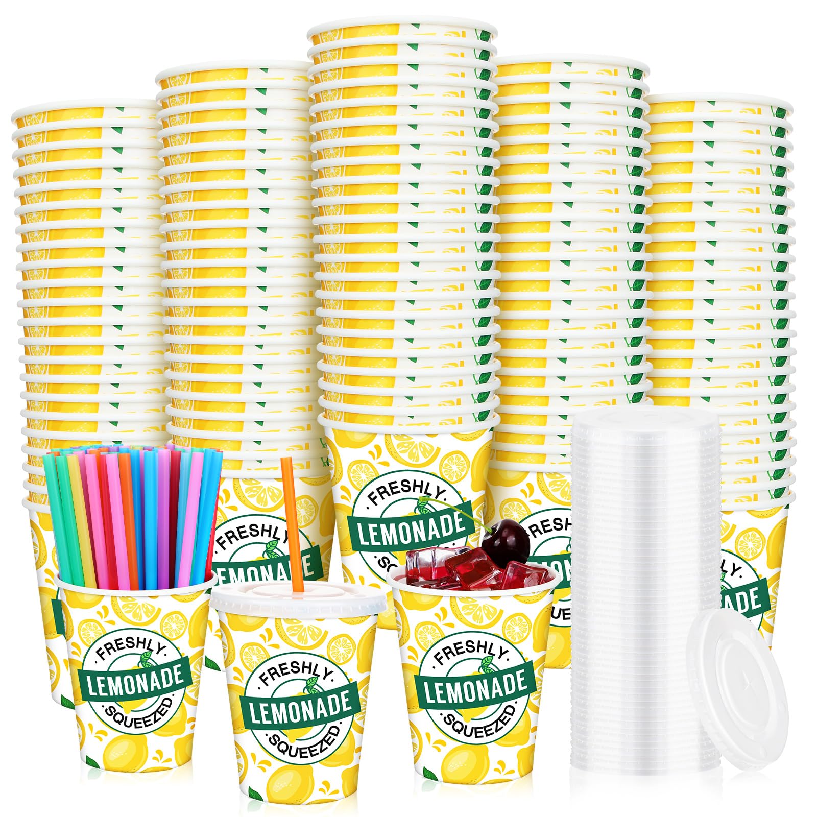 Meanplan 300 Pieces/100 Sets Lemonade Cups with Lids and Straws Disposable Cups for Party Decorative Lemon Paper Cup Lemonade Stand Supplies for Water Juice Kitchen Coffee Birthday Decorations (9 oz)