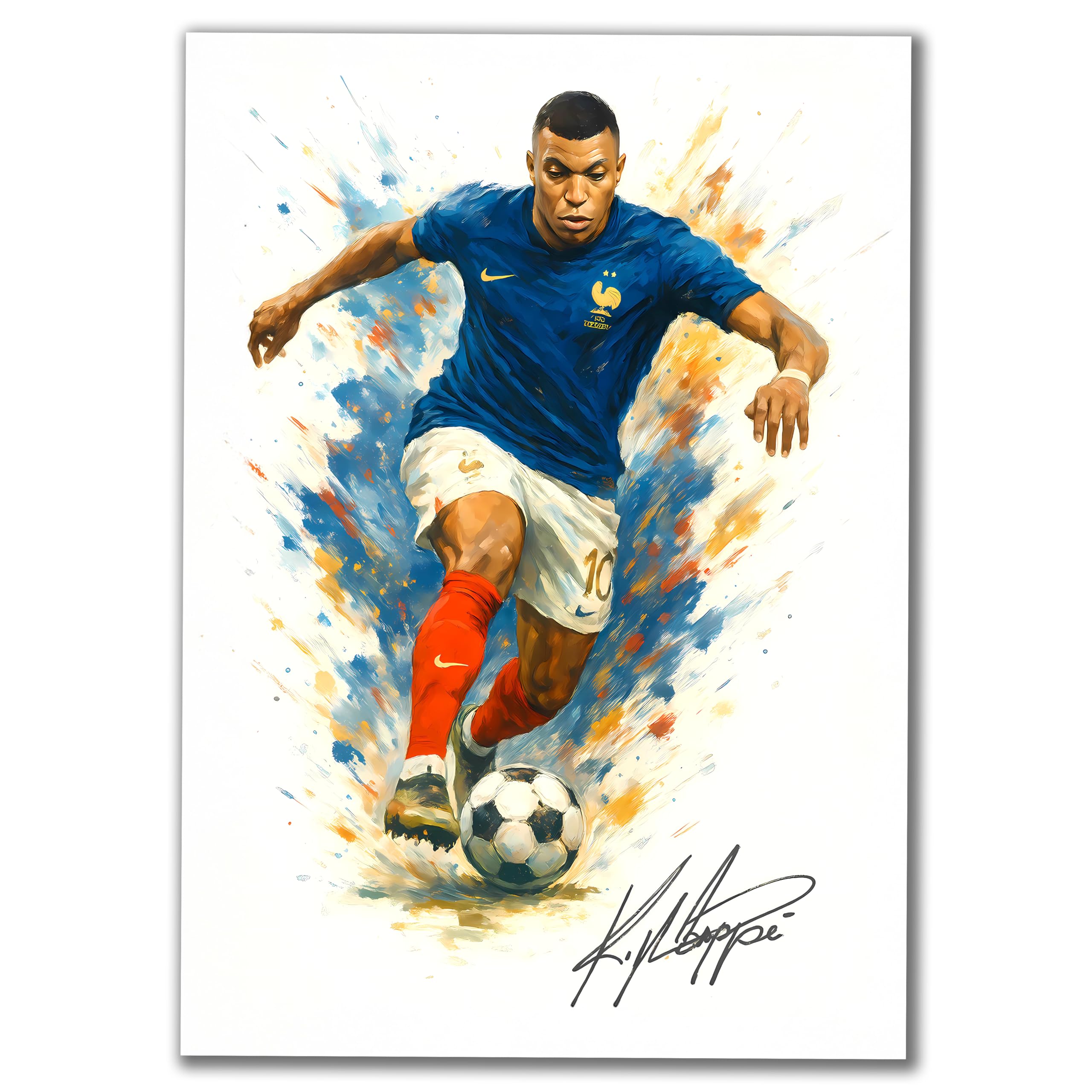 Kylian Mbappe France National Team A4 Poster, Watercolor Art Style Print, Blue Jersey, Soccer Player Wall Decor