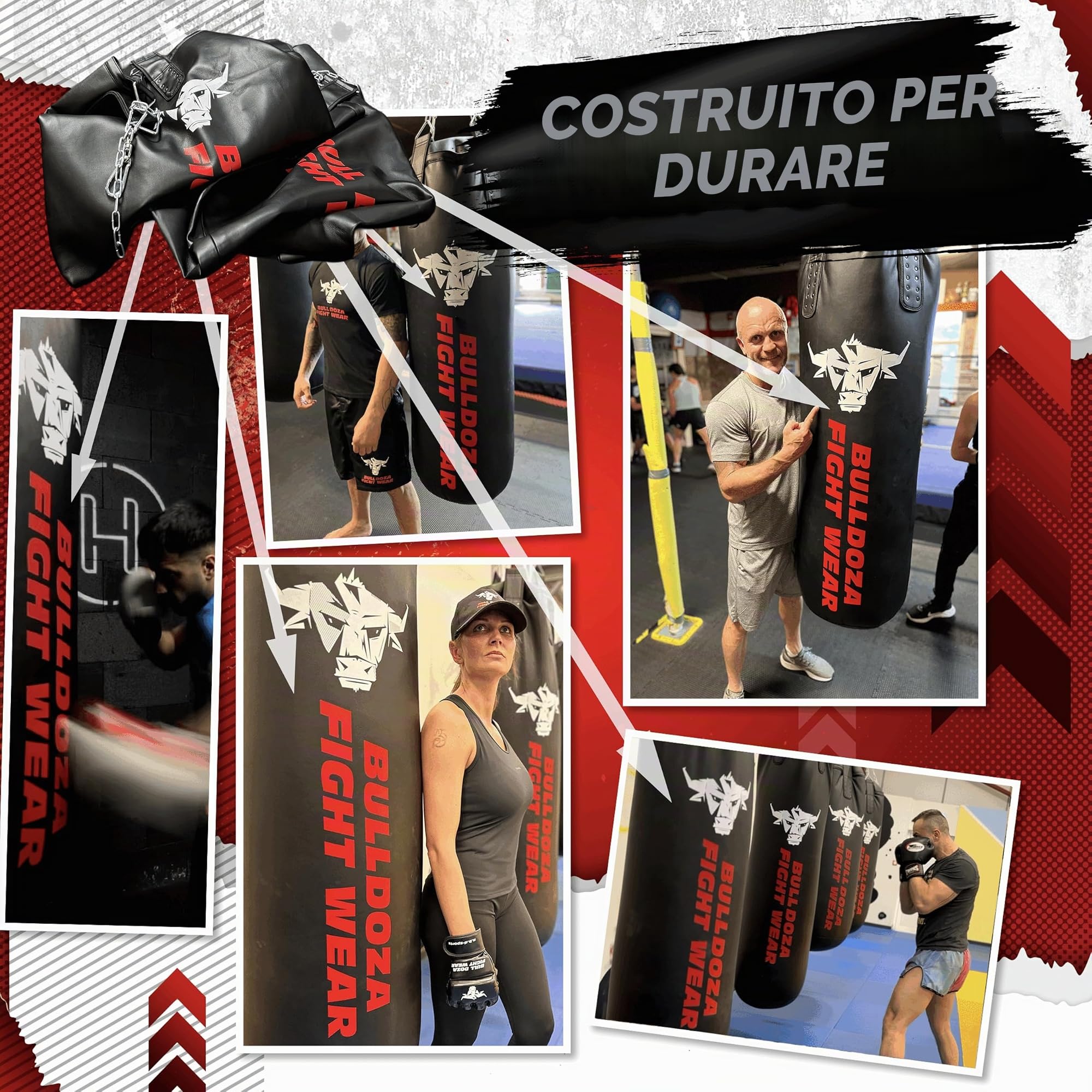 Sacco da boxe XL Tank Bull Doza Fight Wear, sacco da boxe con catene appese, girevole, moschettoni, sacco da boxe