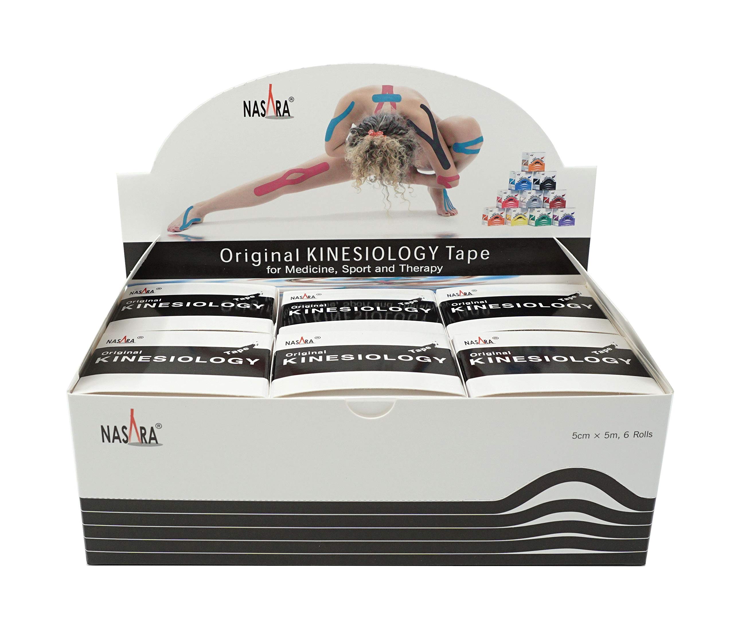 ATC Handels GmbH Nasara - Nastro kinesiologico originale, 5 m x 5 cm, set da 6 pezzi, con istruzioni incluse (lingua italiana non garantita), impermeabile e traspirante