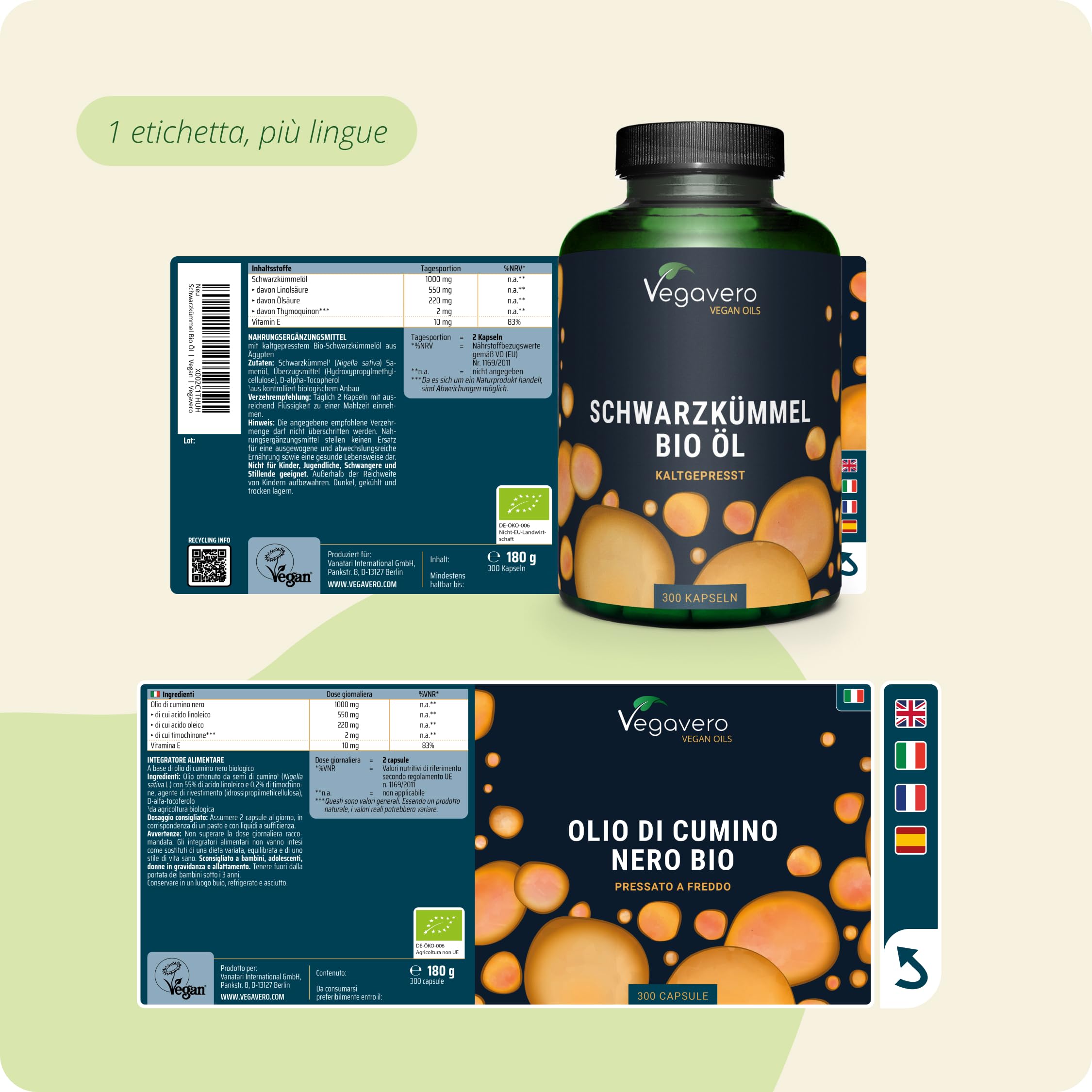 Olio di Cumino Nero BIO | 1000 mg | con Vitamina E | 55% di Acido Linoleico, 22% oleico e 0,2% di timochinone | Nigella Sativa Spremuta a Freddo | 300 capsule | Vegan | Vegavero®