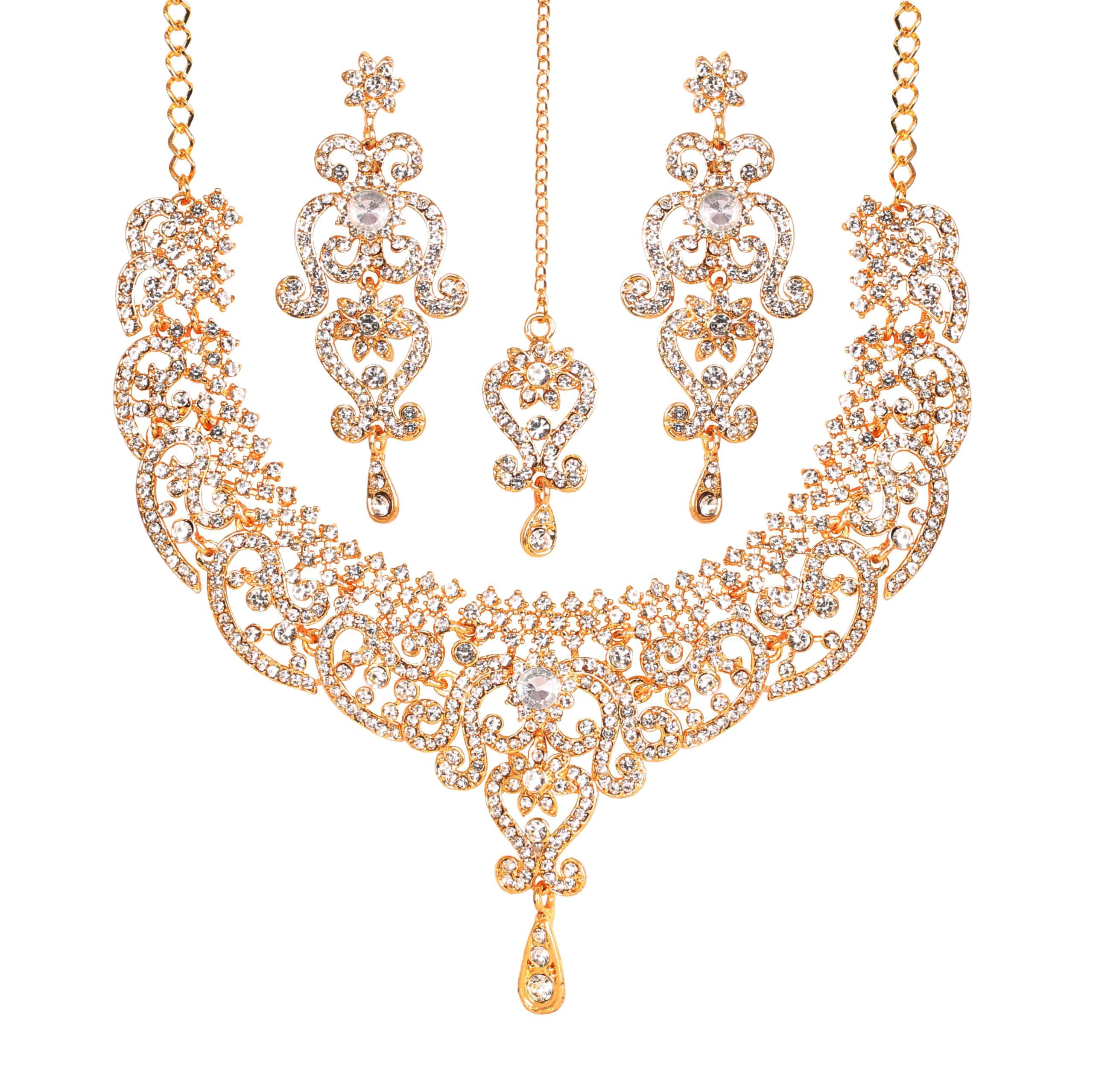Gold Tone Royal Indian Bollywood White Rhinestones Grand Bridal Jewelry Necklace for Women