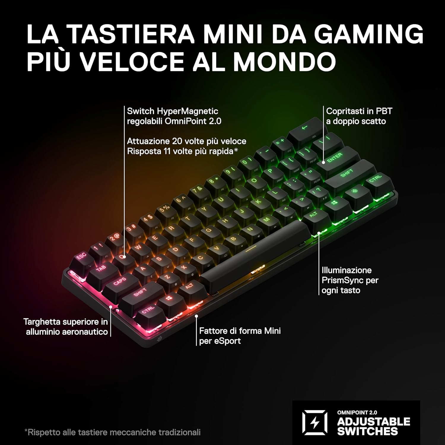 SteelSeries Apex Pro Mini Wireless HyperMagnetic Tastiera da gaming - La più veloce al mondo - Fattore di forma 60% - RGB - Copritasti in PBT - BT - 2.4GHz - USB-C - Layout Americano (QWERTY) - Immagine 3