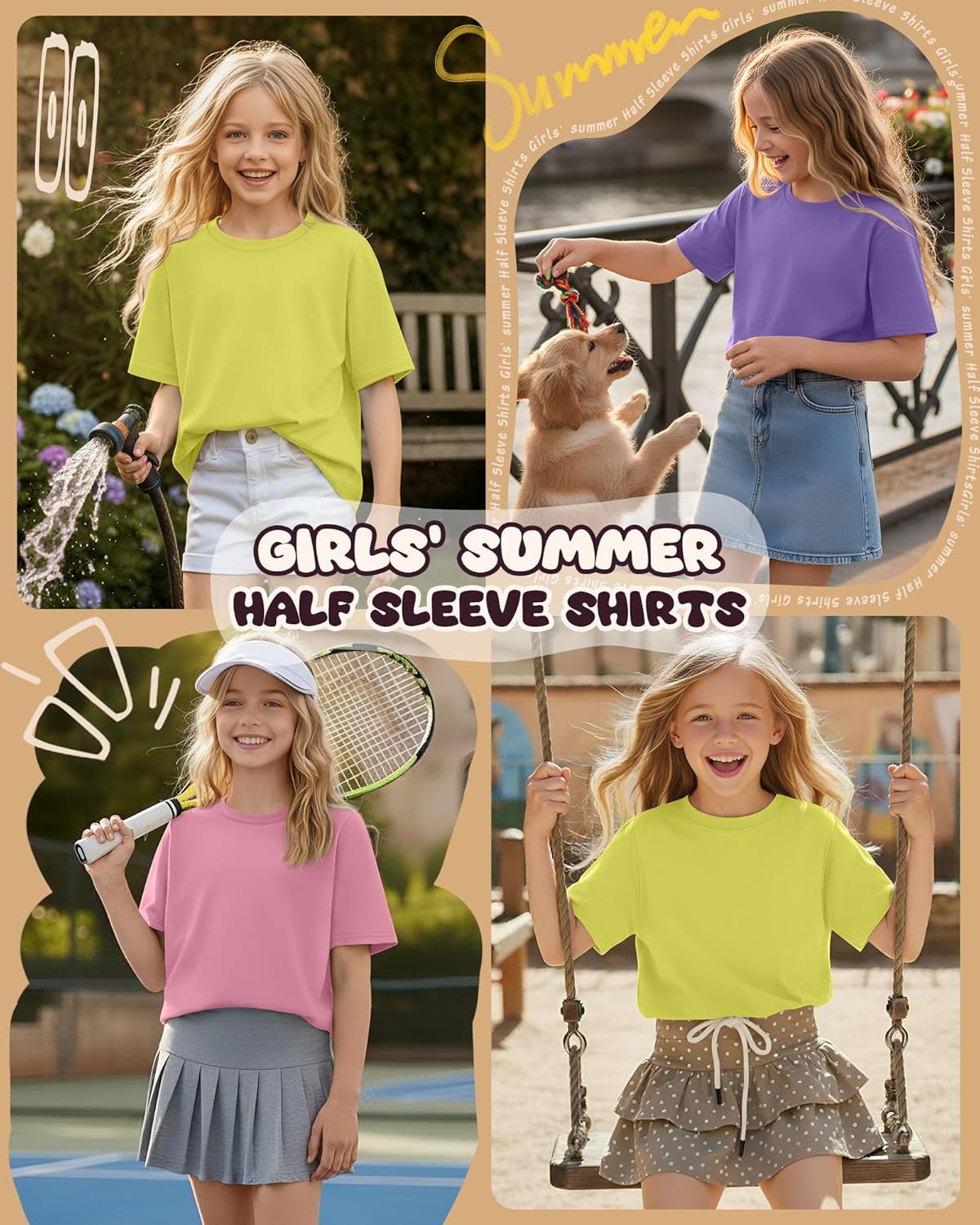 3 Pack Girls' Half Sleeve Shirts Crew Neck Elbow Length Tops Casual Loose T Shirt Soft Basic Tee for Kids Aged 5-14 - Image 2