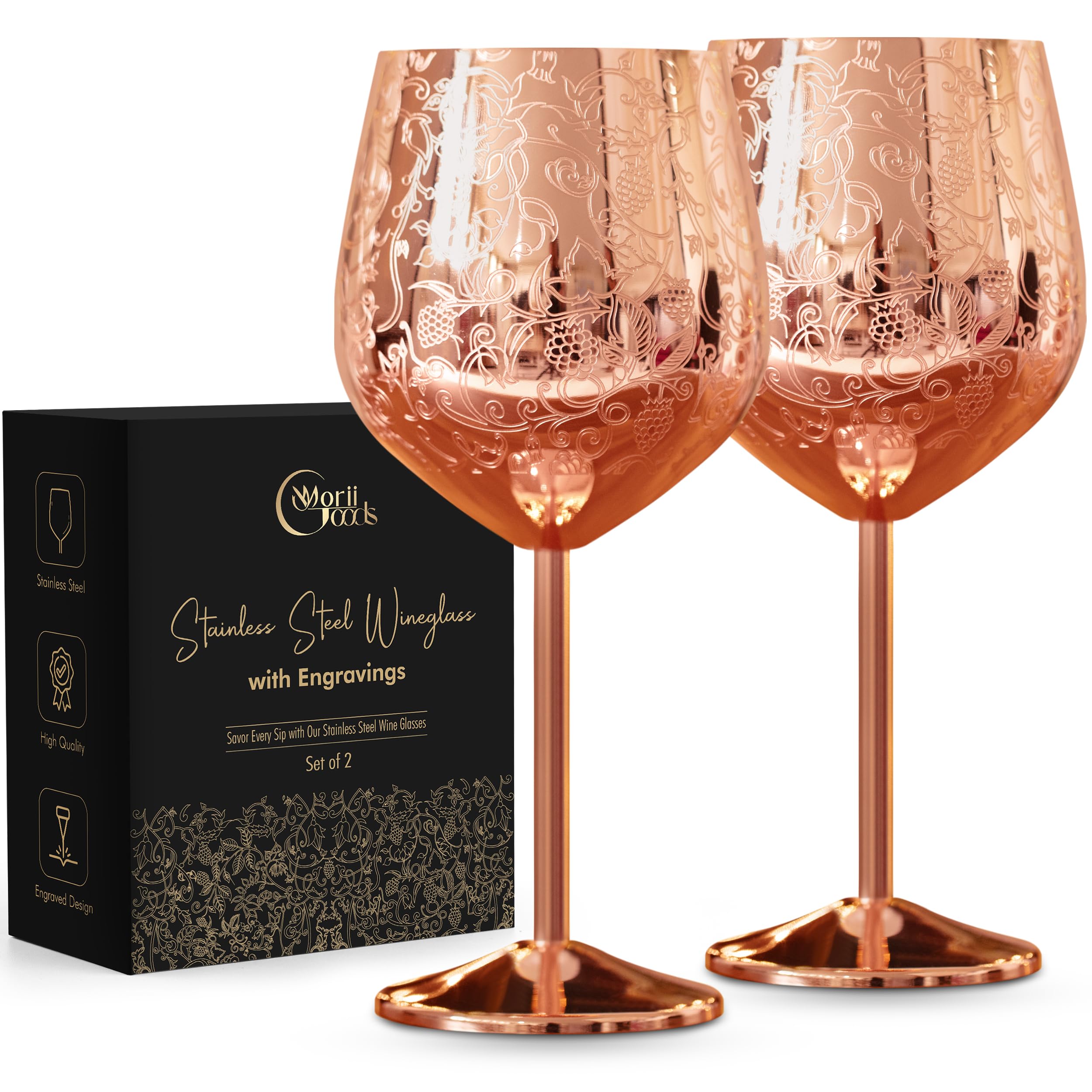 Copas de vino de acero inoxidable, juego de 2 copas de vino grabadas, copas de vino irrompibles de oro rosa para viajes, camping y piscina, copas de vino elegantes para mujeres y hombres