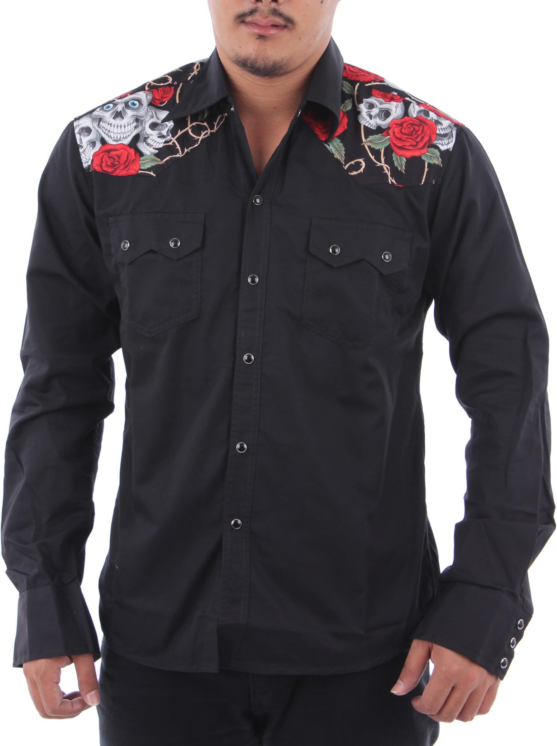Rockabilly Long Sleeve Men's Shirt Cowboy Western Skull and Roses Rock Punk