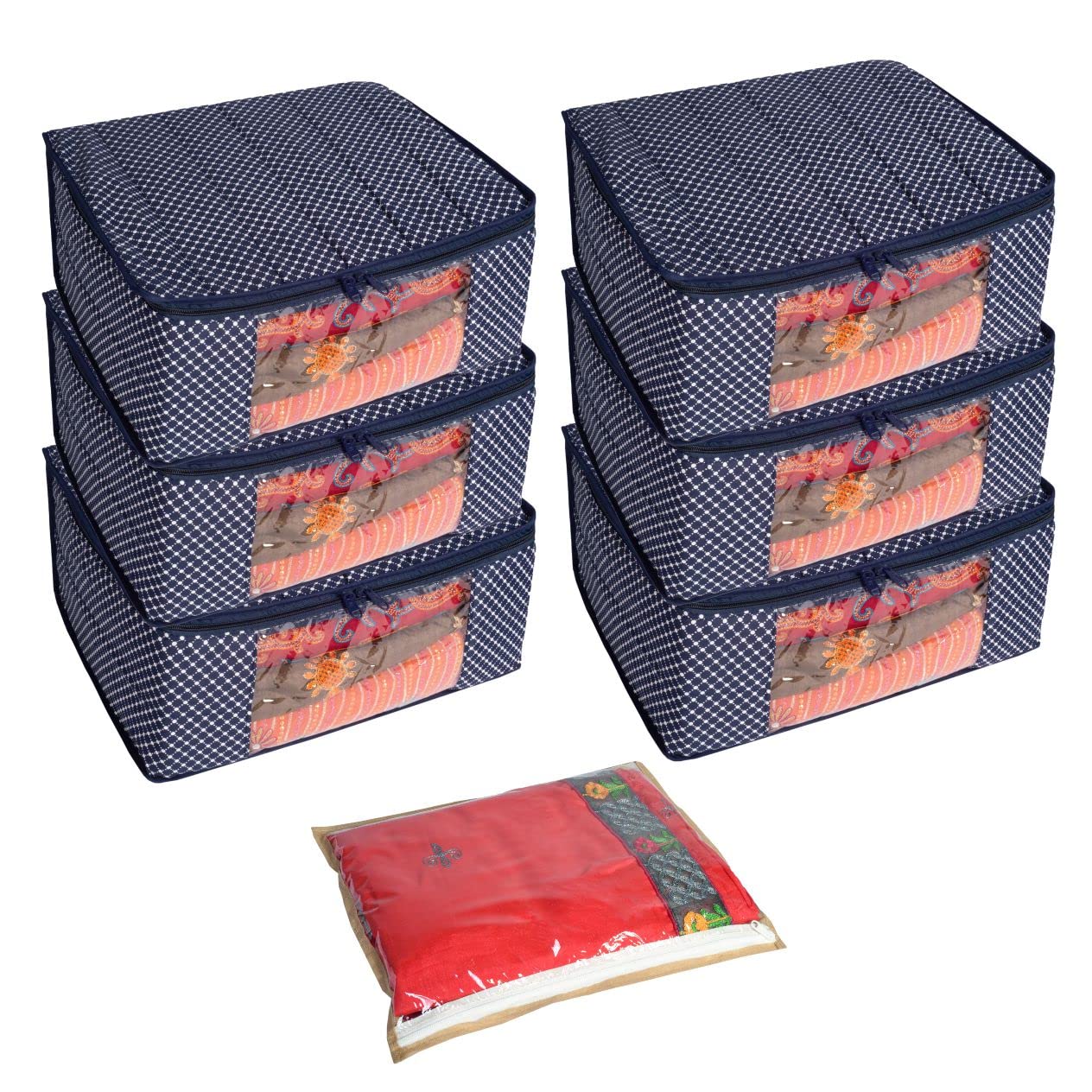 Homestrap set of 6 Cotton Quilted 3 Layered Saree Covers (Navy Blue) & 1 Single Saree Wardrobe Organizer (Beige) For Lehenga, Suit, Dress,& Accessories