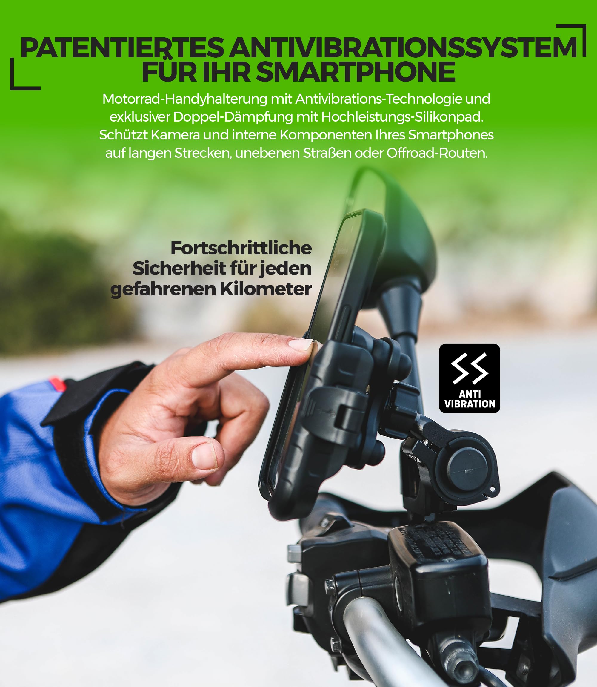 Handyhalterung Motorrad Antivibration CNC Aluminium Schnellverschluss Offenes Design Für Lenker 22-32mm & Rückspiegel 12-14mm Kompatibel Roller Fahrrad E-Scooter 360° Drehbar