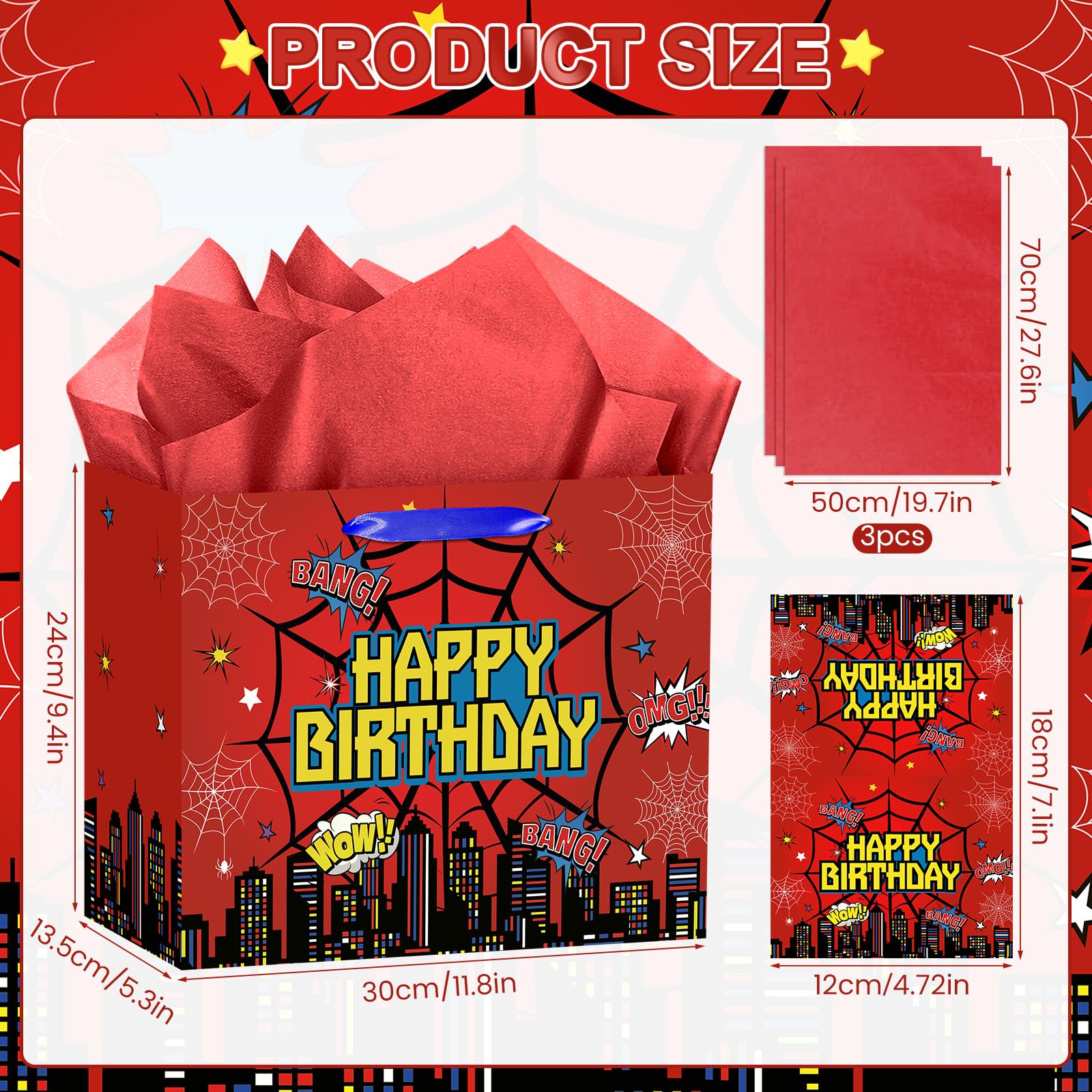 MOORIIY Hero Birthday Gift Bag with Greeting Card and Red Wrapping Paper, Spider Theme Birthday Gift Bag Red Heros Favors Bags for Men Kids Baby Shower Party Decor Supplies