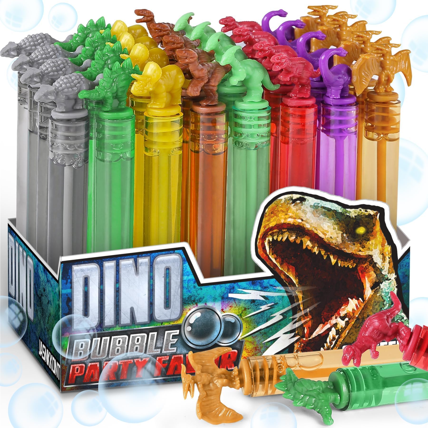 Dinosaur Bubbles Wands Bulk for Kids, Dino Birthday Decoration, 32 Pack Mini Bubble Party Favors, Pinata Stuffer, Goody Bag Filler, Classroom Prizes Treasure Box, Outdoor Toys for Toddler