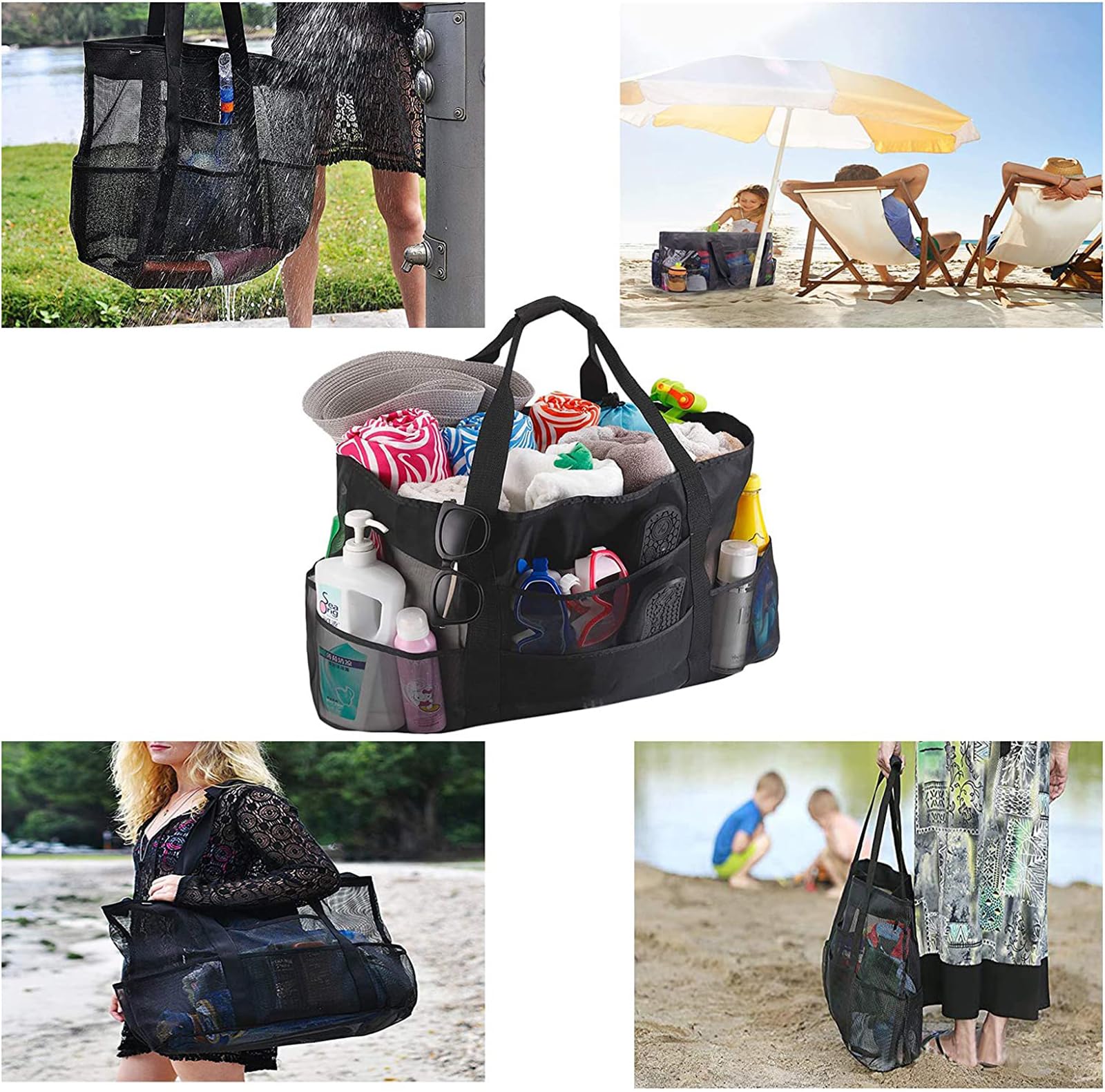 JOSBY Borsa da Spiaggia Extra Large in Rete, Borsa Hobo Pieghevole Riutilizzabile Leggera di Grande capacità con Tasca con Cerniera per Picnic, Vacanze in Piscina, Nuoto