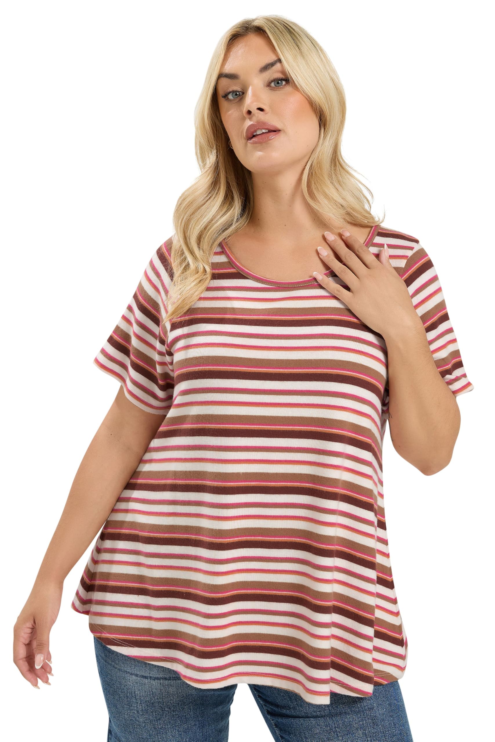Yours Curve Natural Brown & Pink Stripe Ribbed Top - Women's - Plus Size Curve