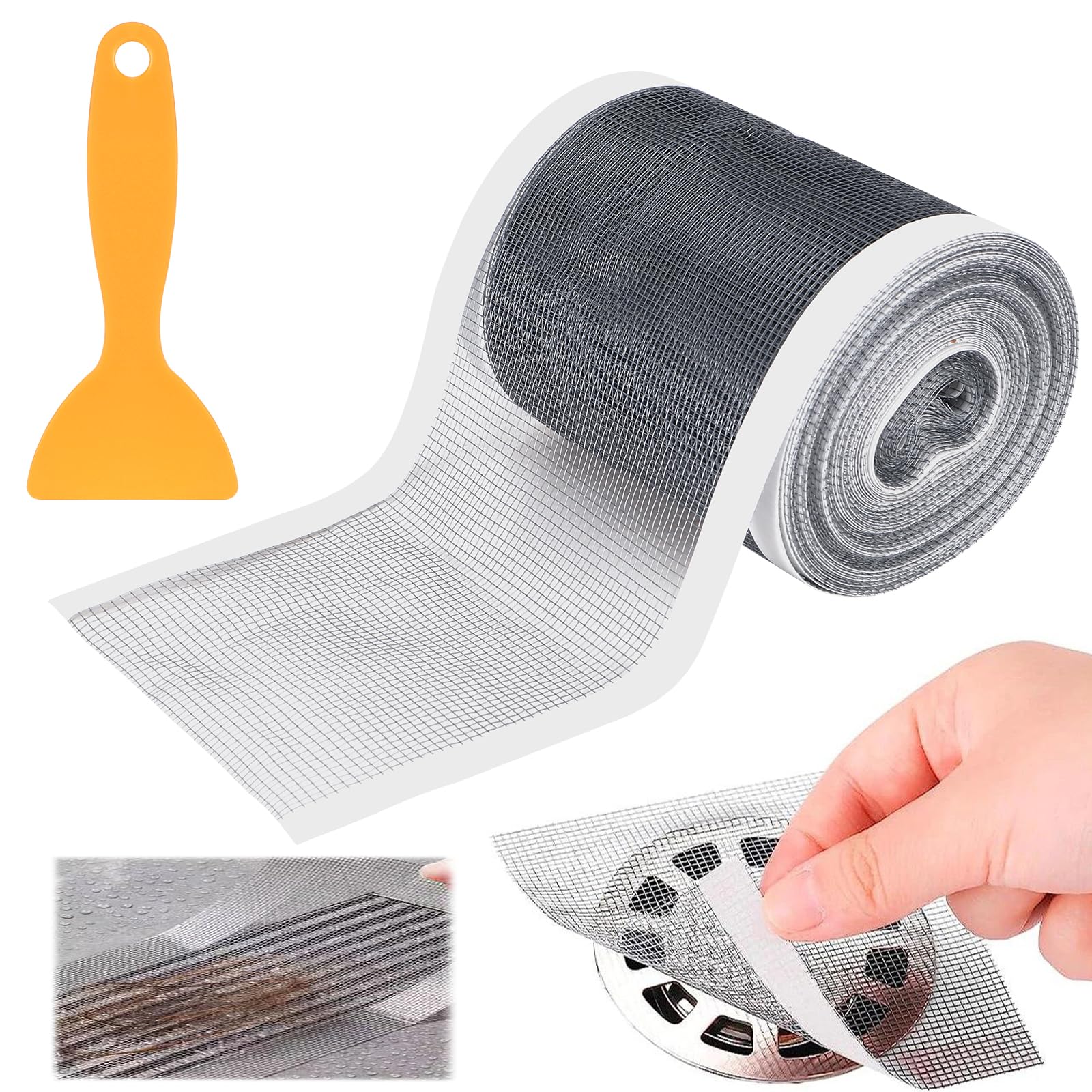 Tapvai 100mm x10m Haarsieb Duschrinne, Haarfänger Dusche aus PVC Gaze, Einweg Duschsieb Abfluss Haare mit 1 Plastikspatel, Haarsieb Dusche für Reparatur Tür Fenster Loch für Badewannebalkon Bad