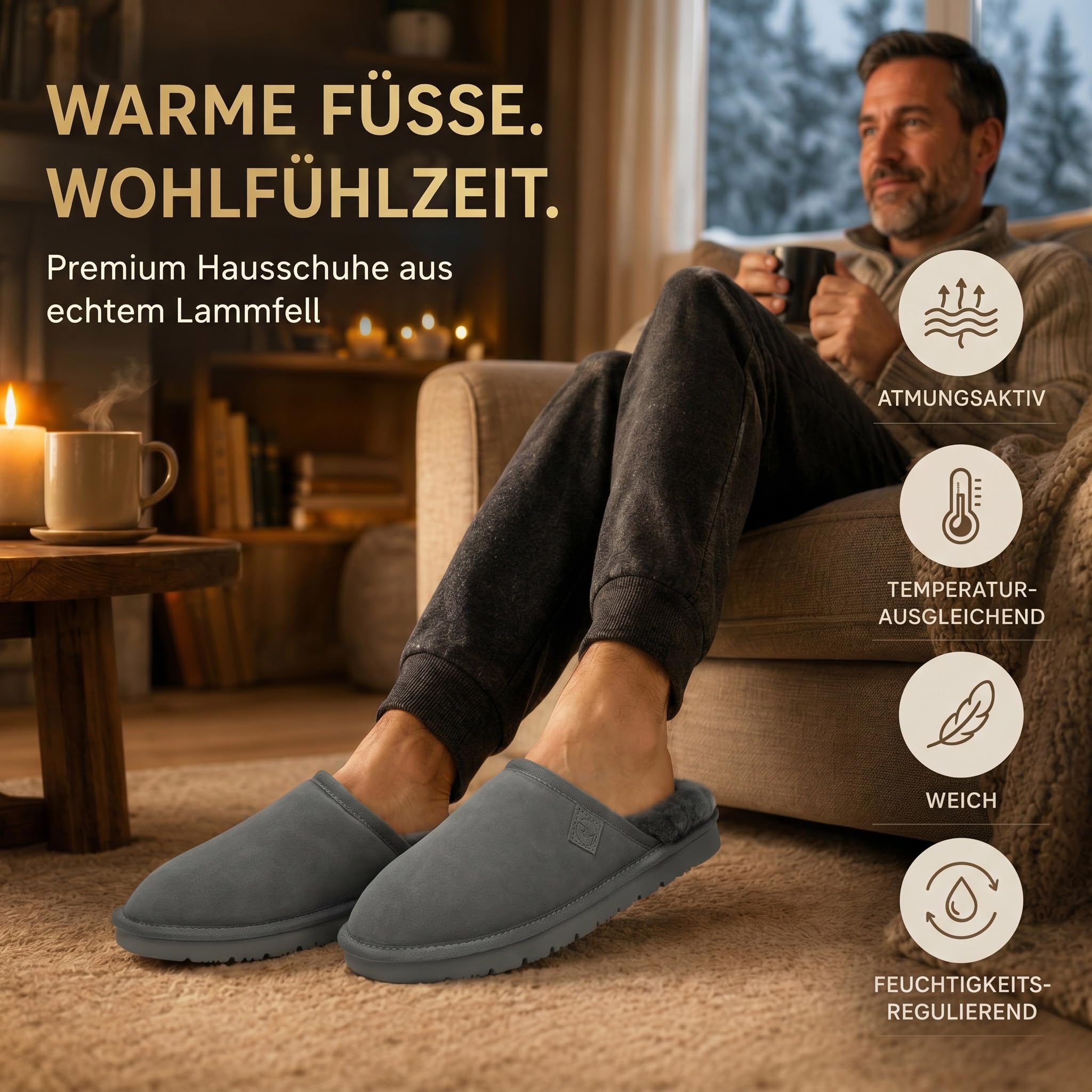 Rohn Moden Lammfell Hausschuhe Herren – Loisl – Warme Hausschuhe Herren mit Schaffell & rutschfester EVA-Sohle – Winter Pantoffeln für zuhause – Slipper gefüttert - Braun Grau